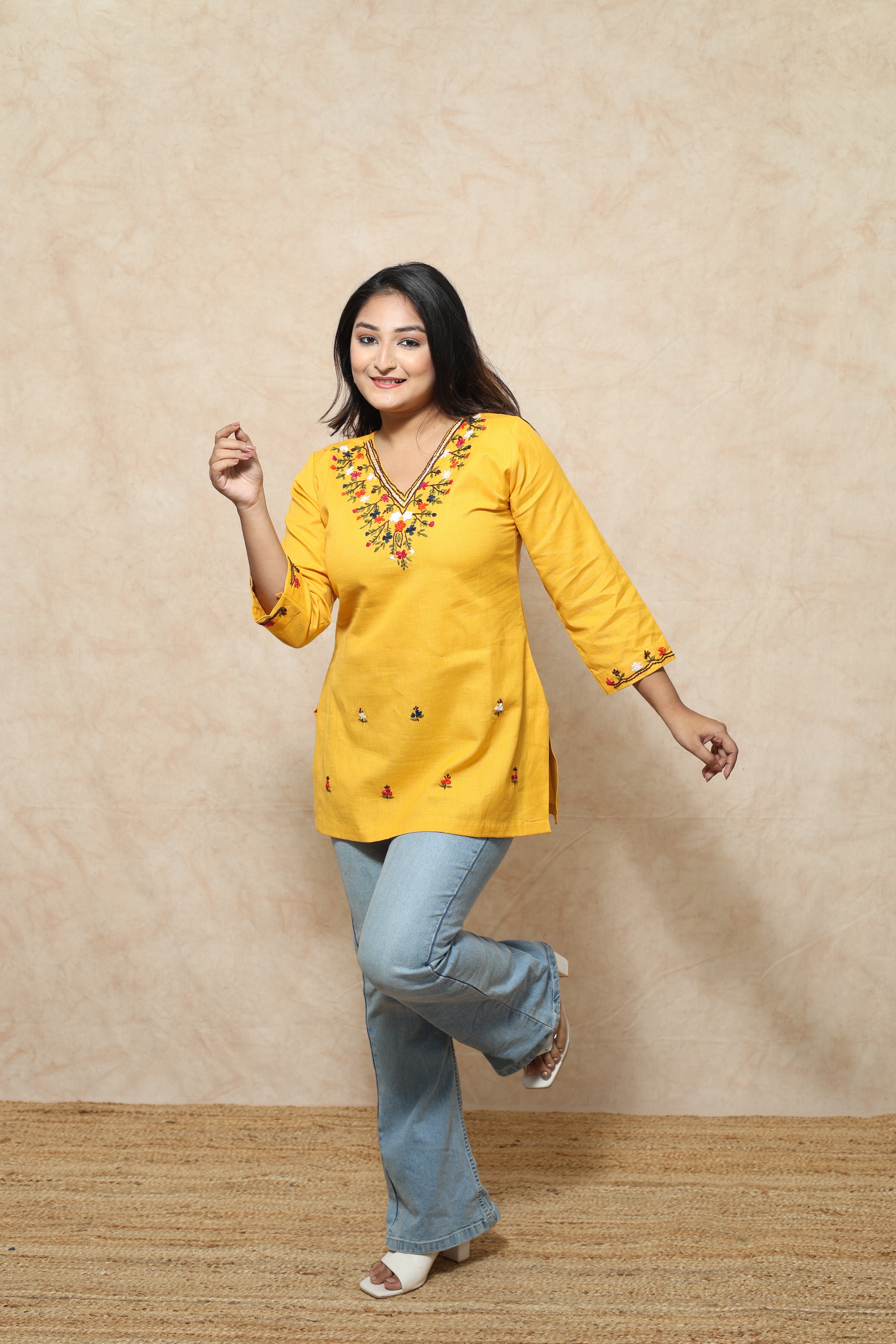 Yellow cotton kurti with hand embroidery