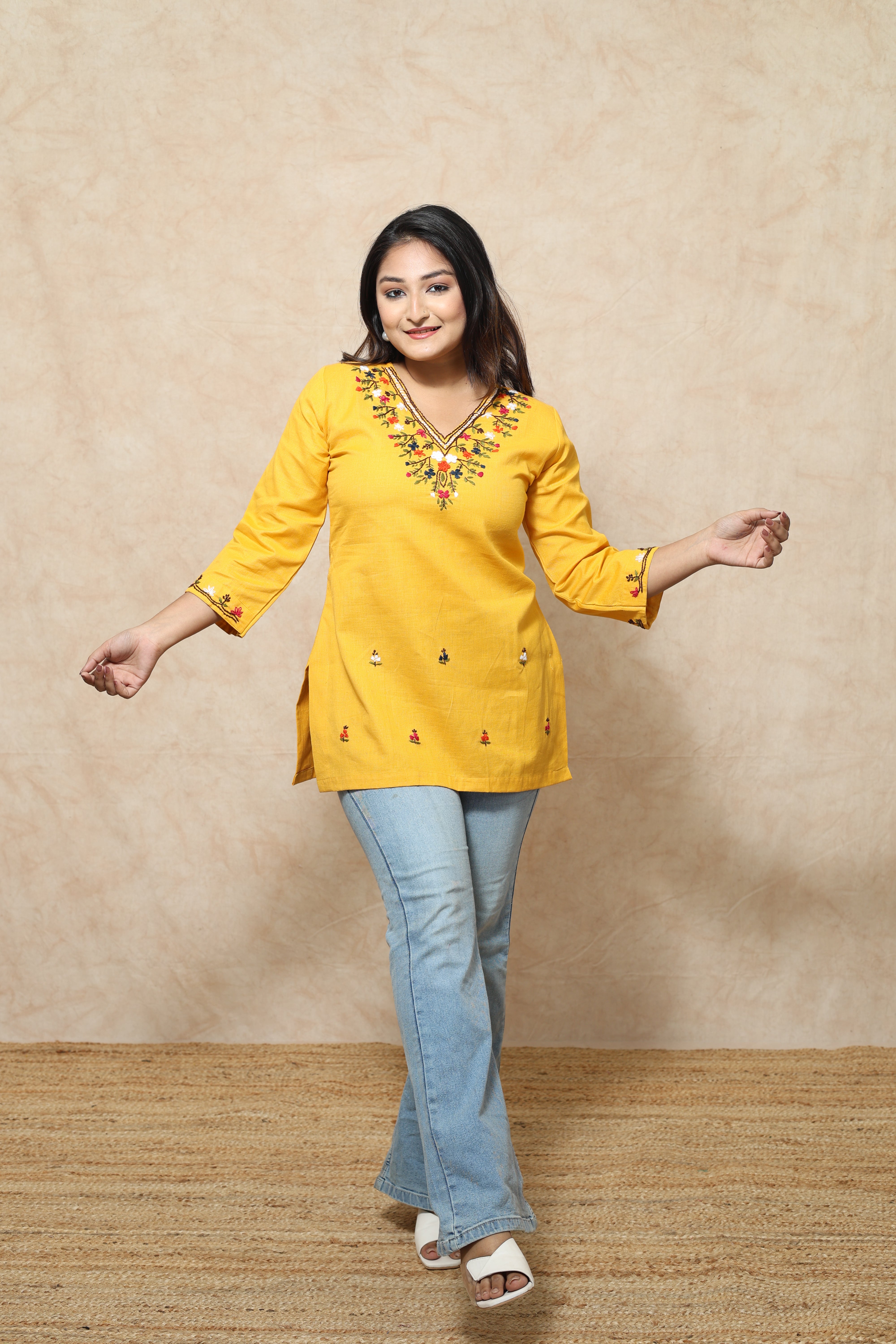 Hand Embroidery Yellow Color Cotton Kurti