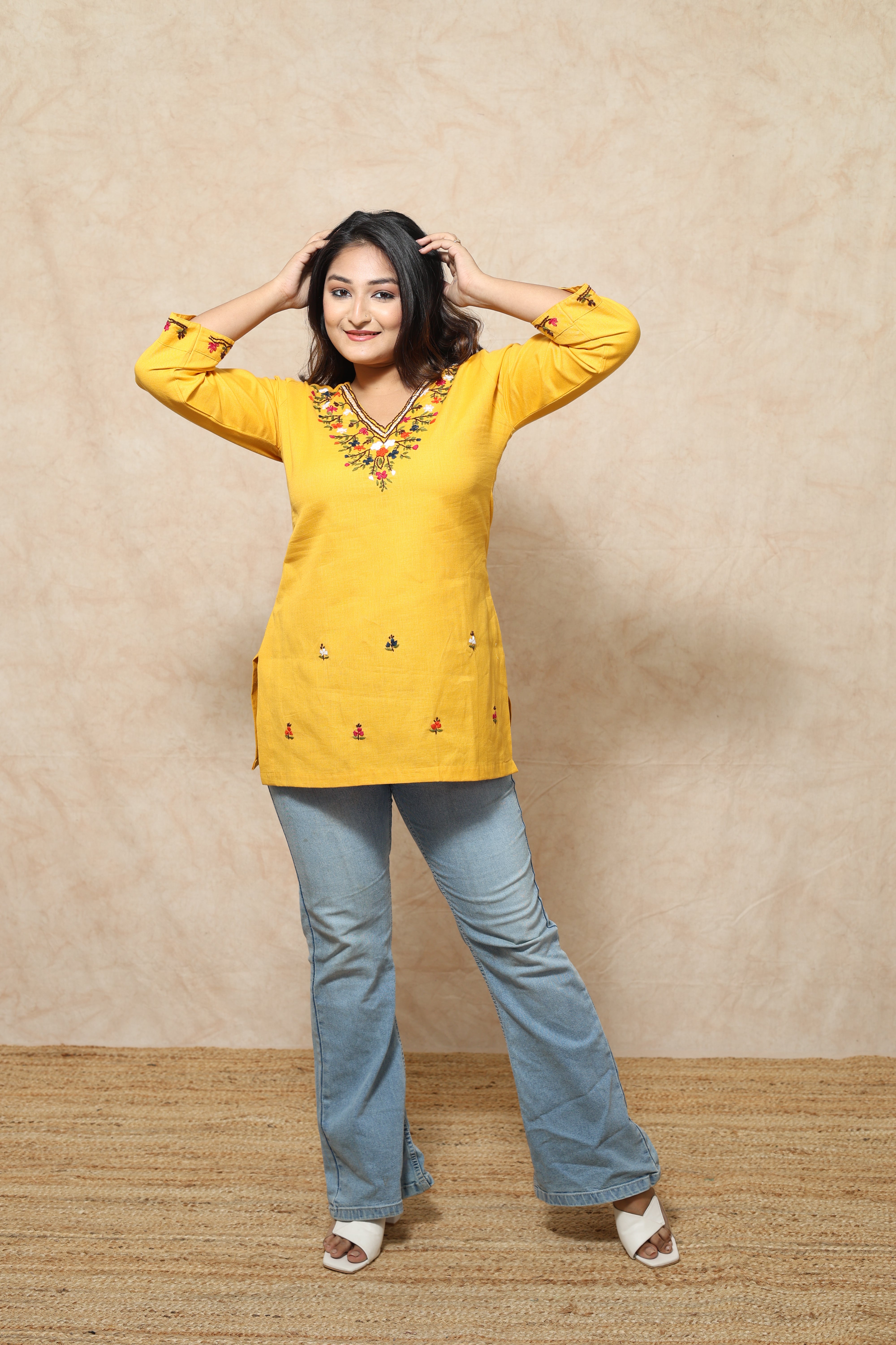 Hand Embroidery Yellow Color Cotton Kurti