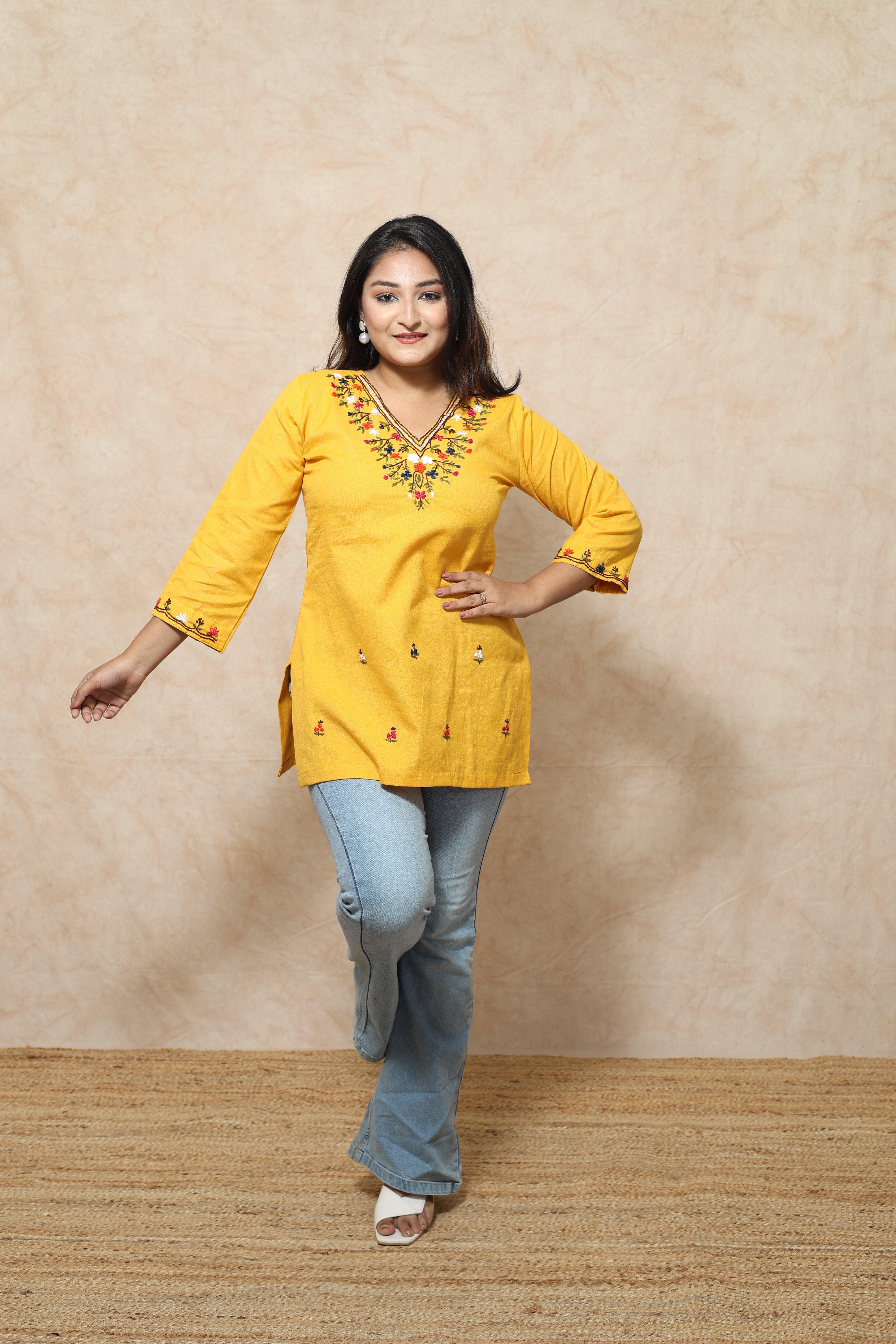 Hand Embroidery Yellow Color Cotton Kurti
