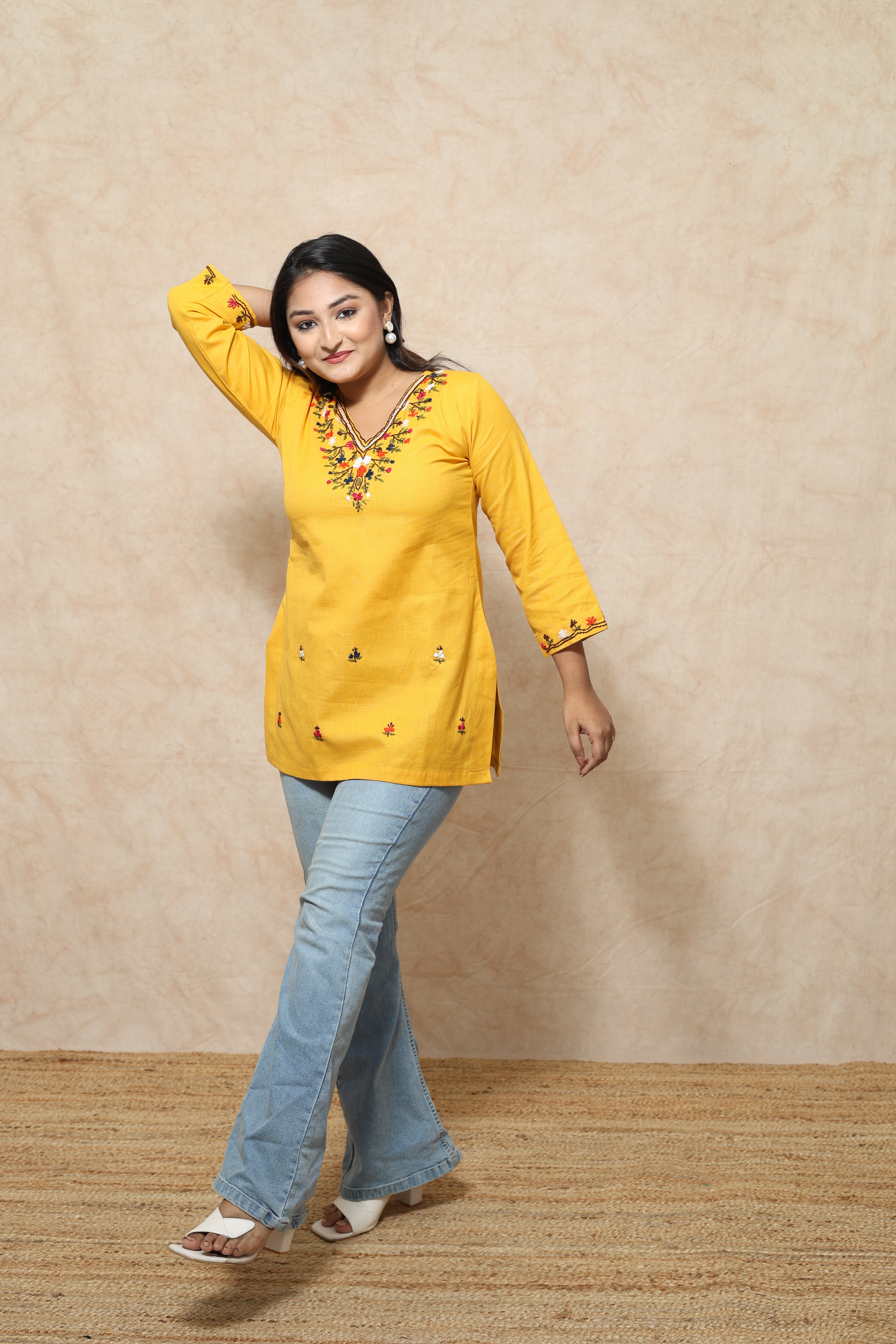 Hand Embroidery Yellow Color Cotton Kurti
