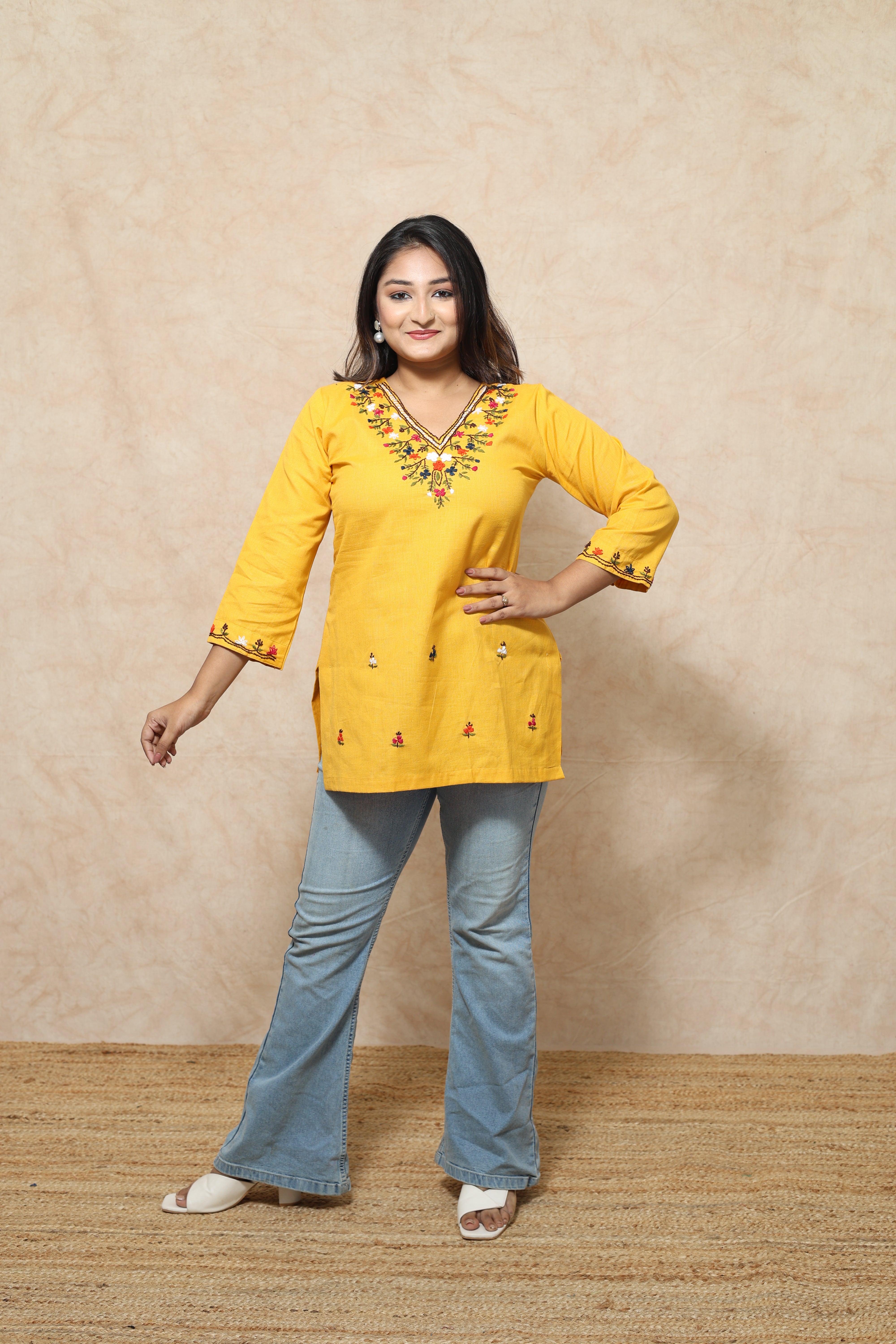 Hand Embroidery Yellow Color Cotton Kurti