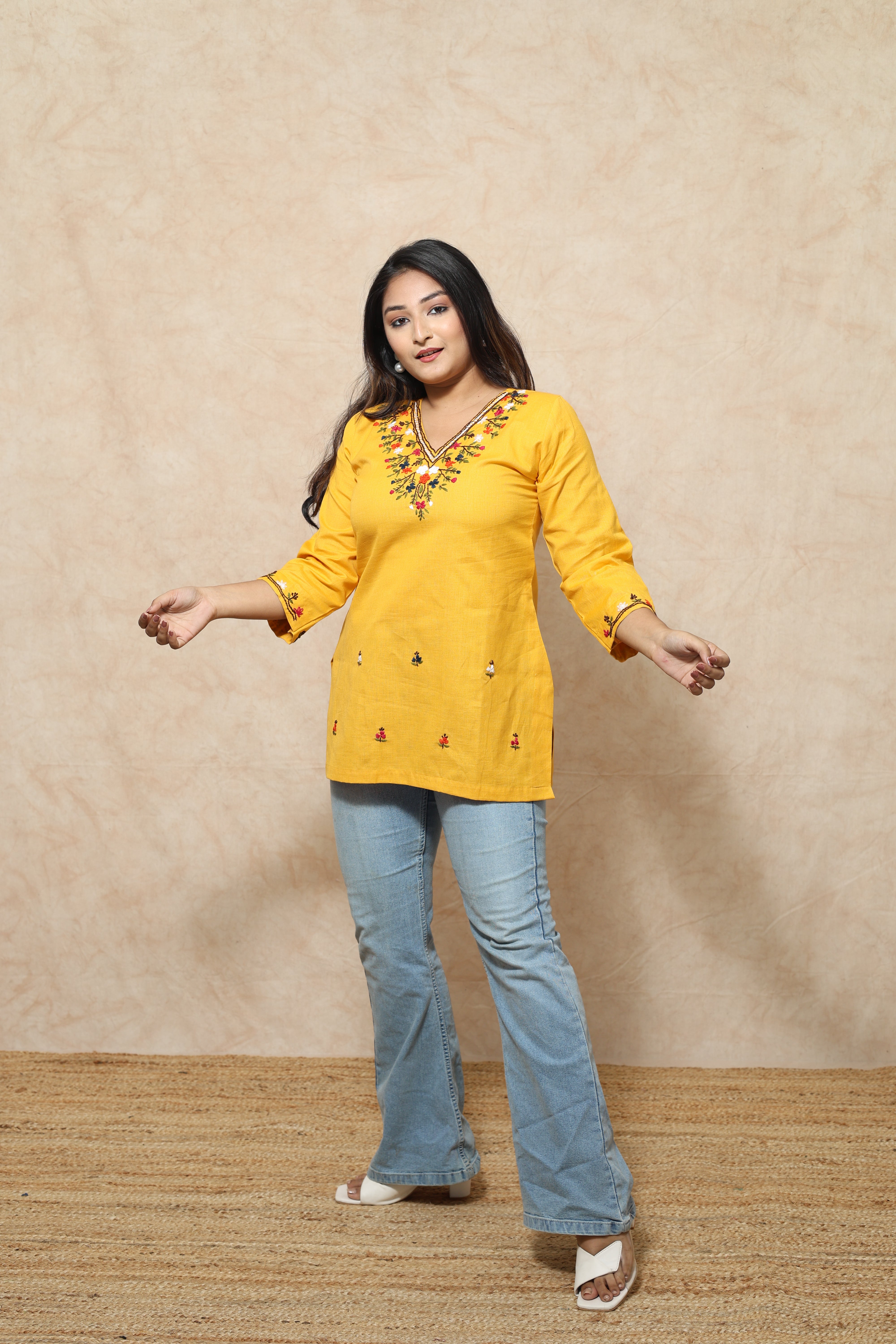 Hand Embroidery Yellow Color Cotton Kurti