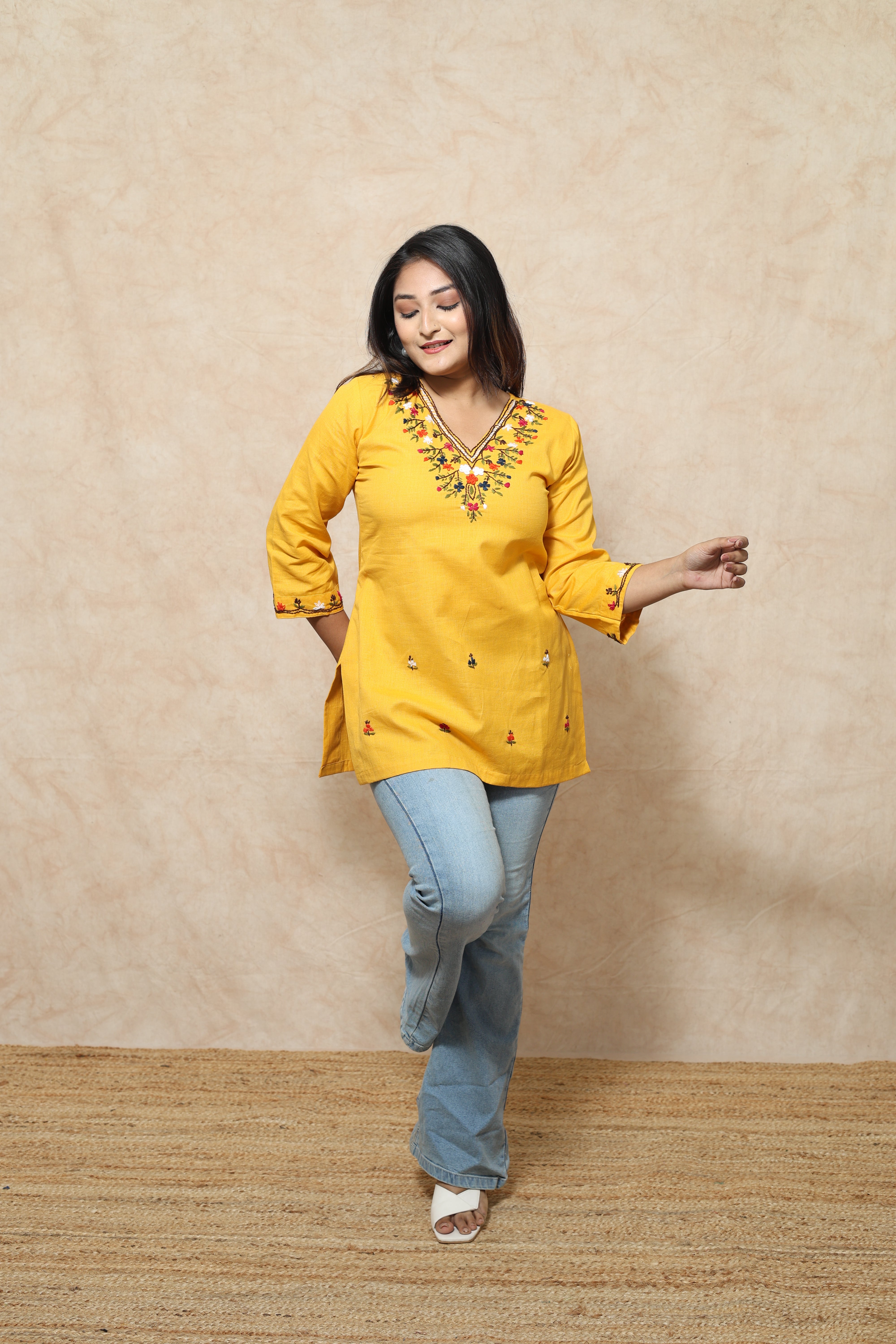 Hand Embroidery Yellow Color Cotton Kurti
