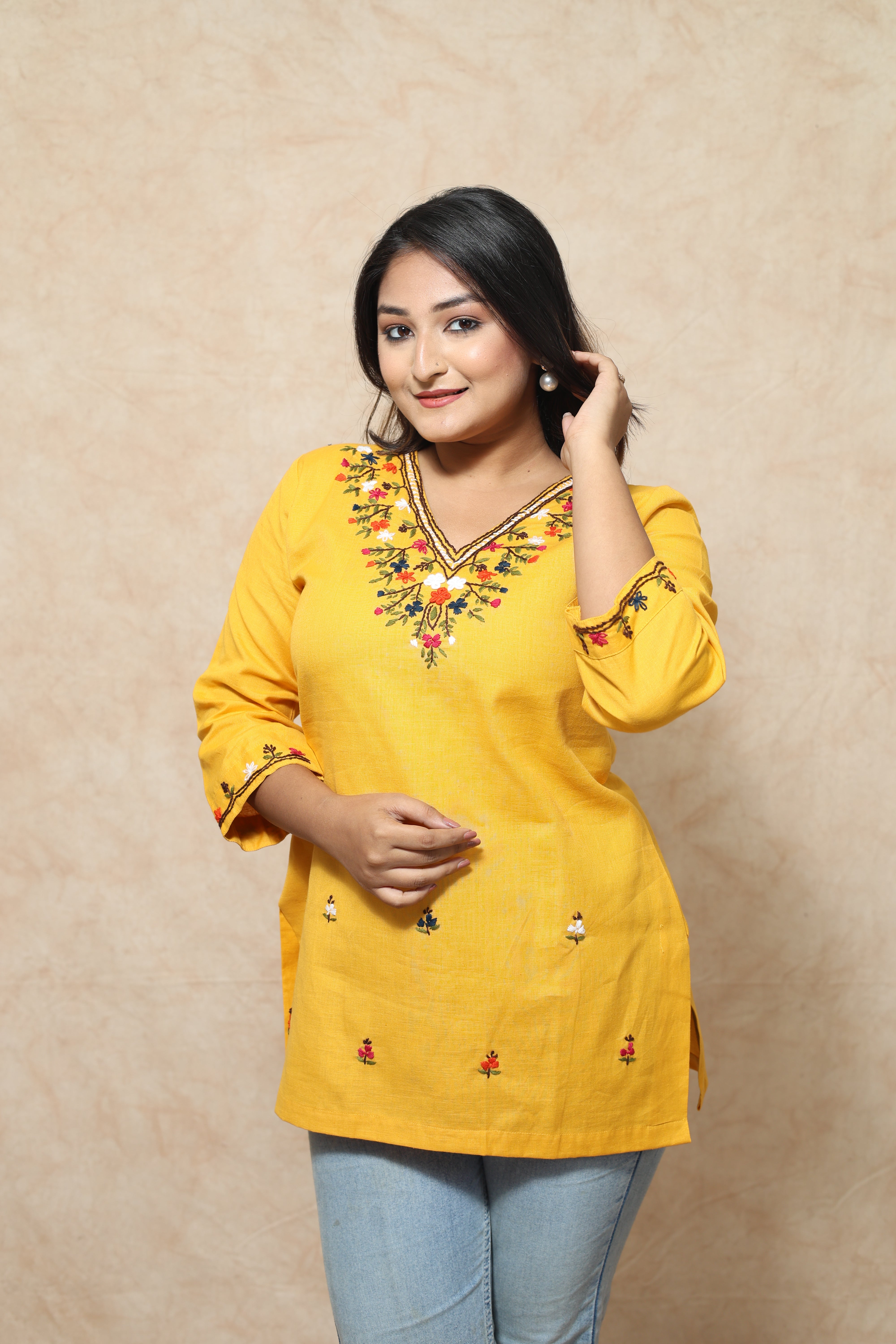Hand Embroidery Yellow Color Cotton Kurti