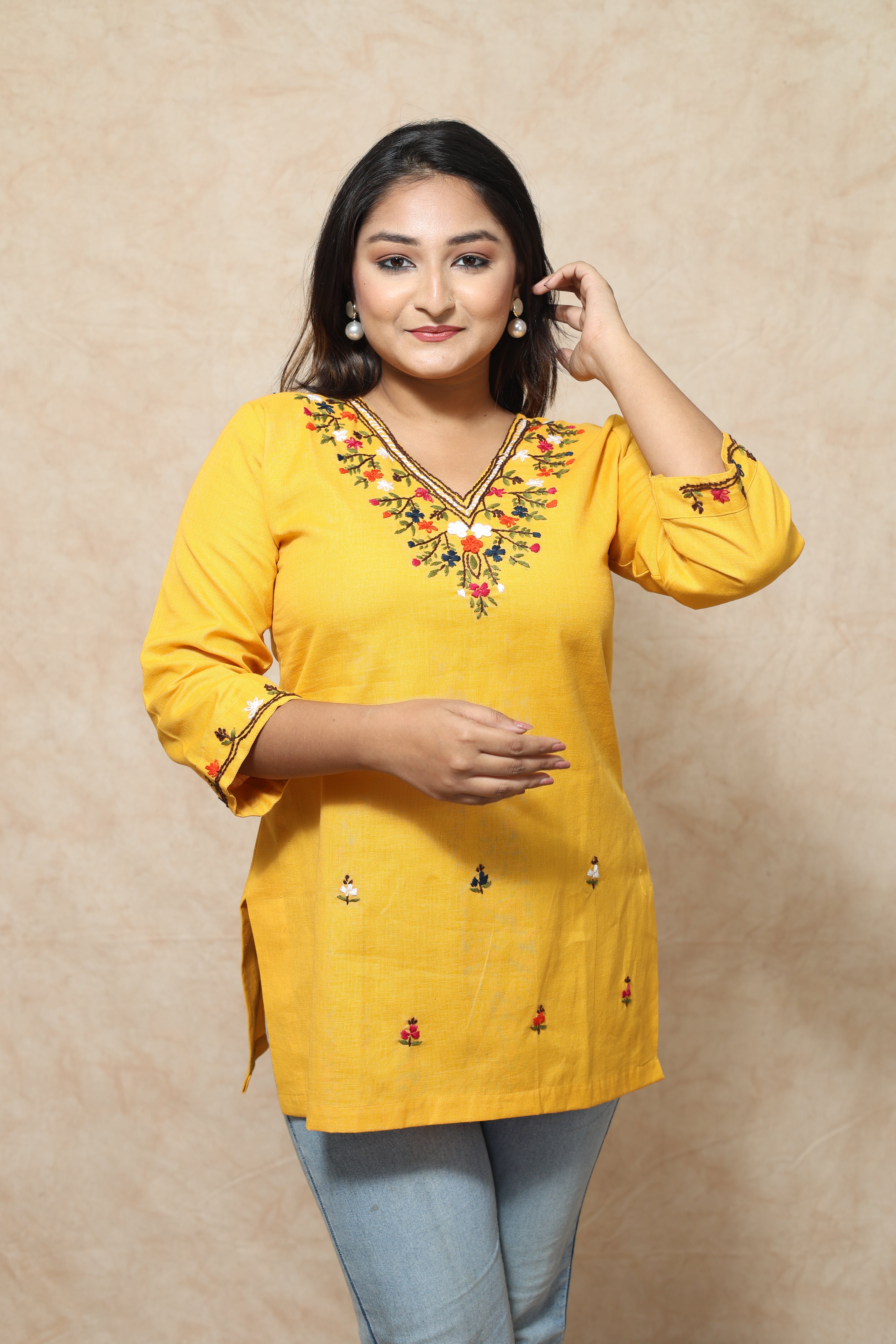 Hand Embroidery Yellow Color Cotton Kurti