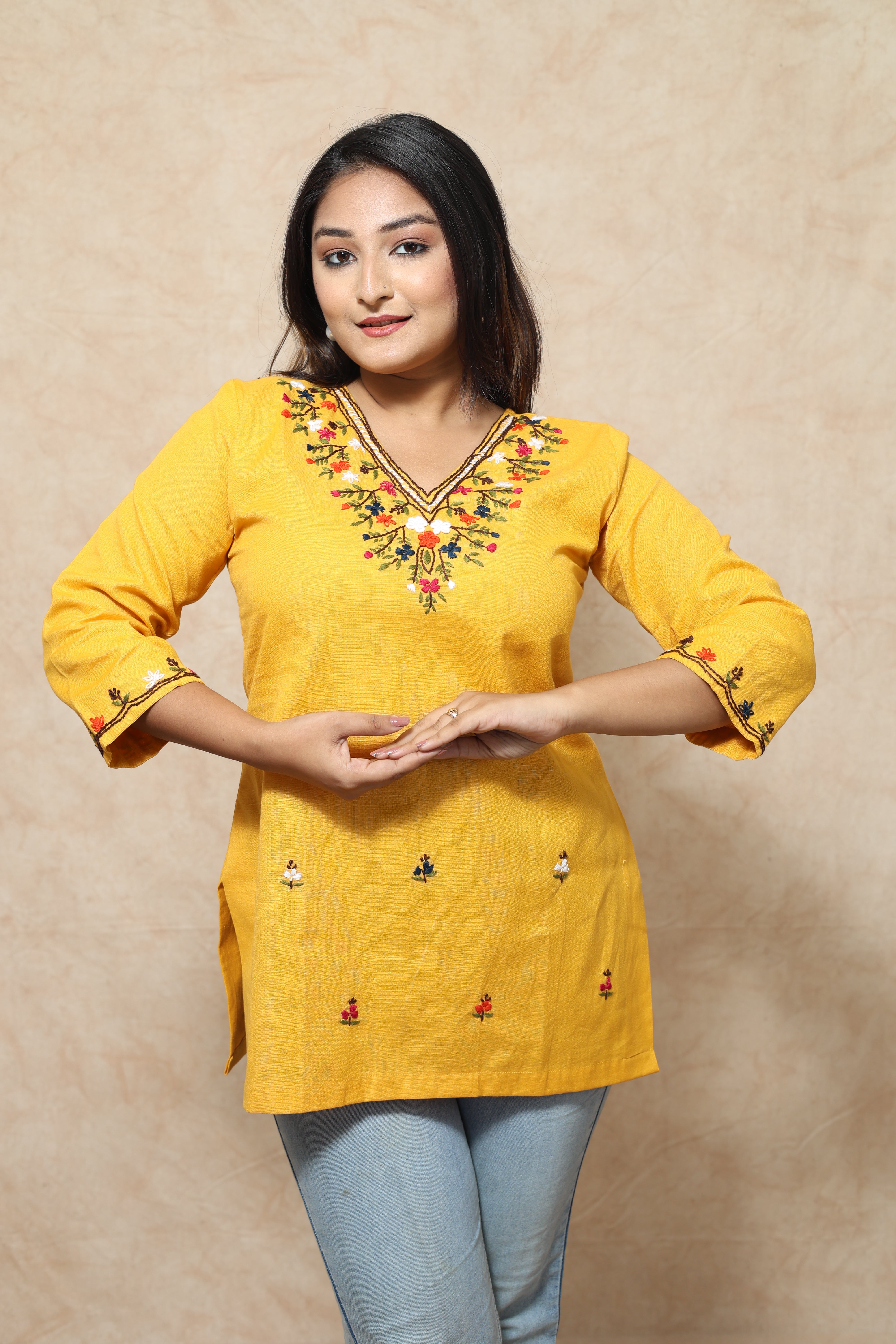 Hand Embroidery Yellow Color Cotton Kurti