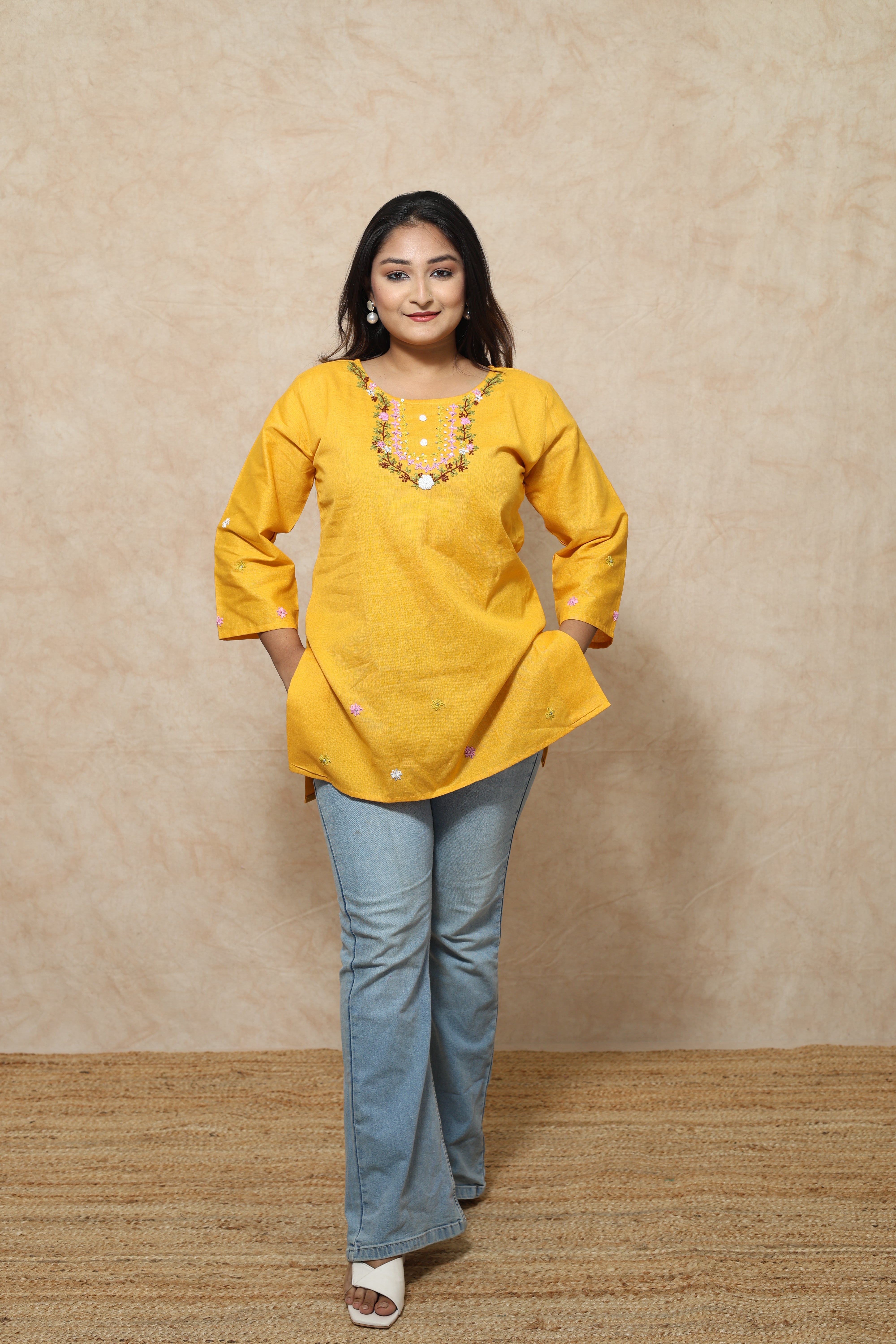 Yellow Hand Embroidery Cotton Women's Kurti