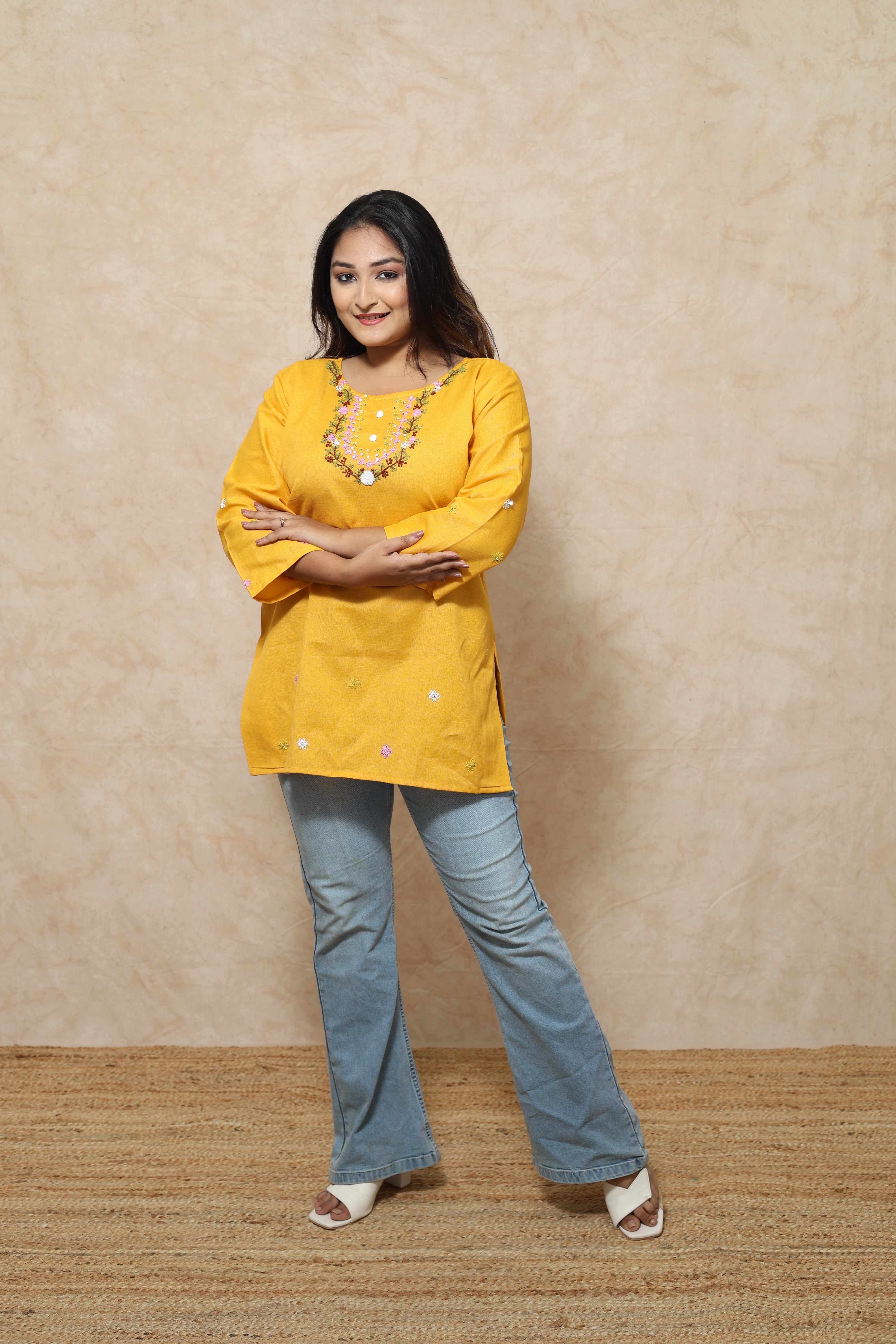 Hand Embroidery Yelllow Cotton Kurti