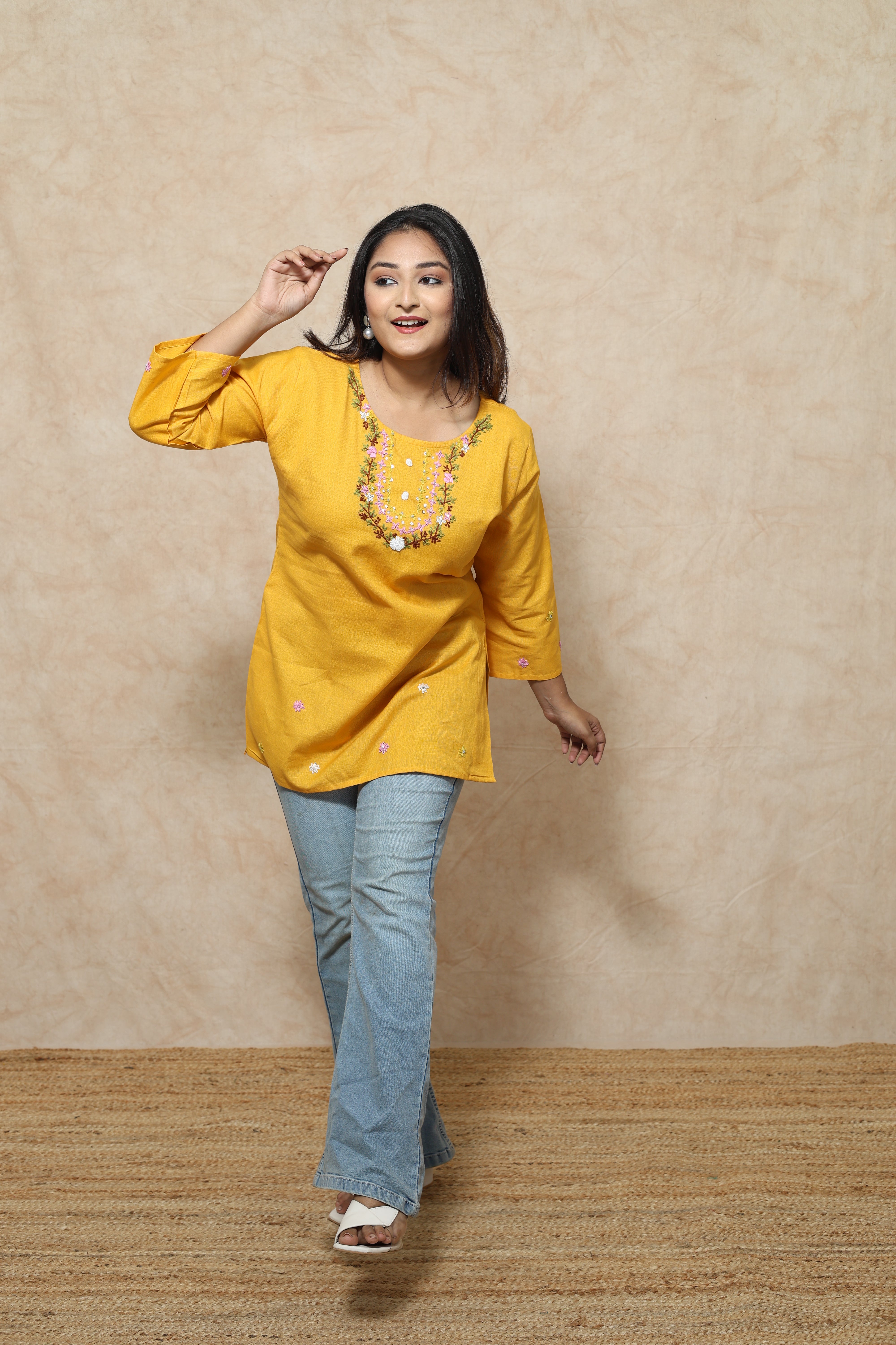 Hand Embroidery Yelllow Cotton Kurti