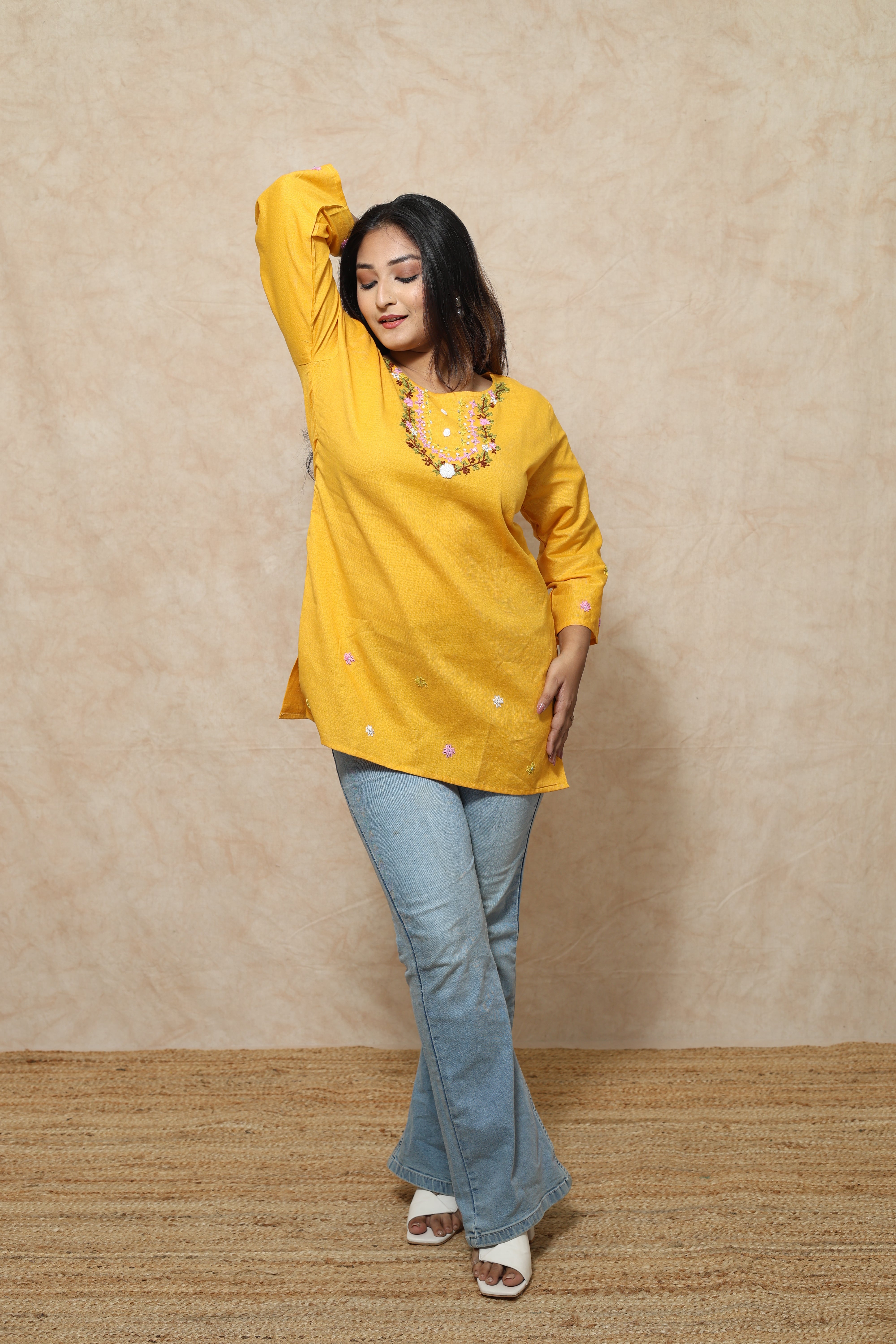 Hand Embroidery Yelllow Cotton Kurti