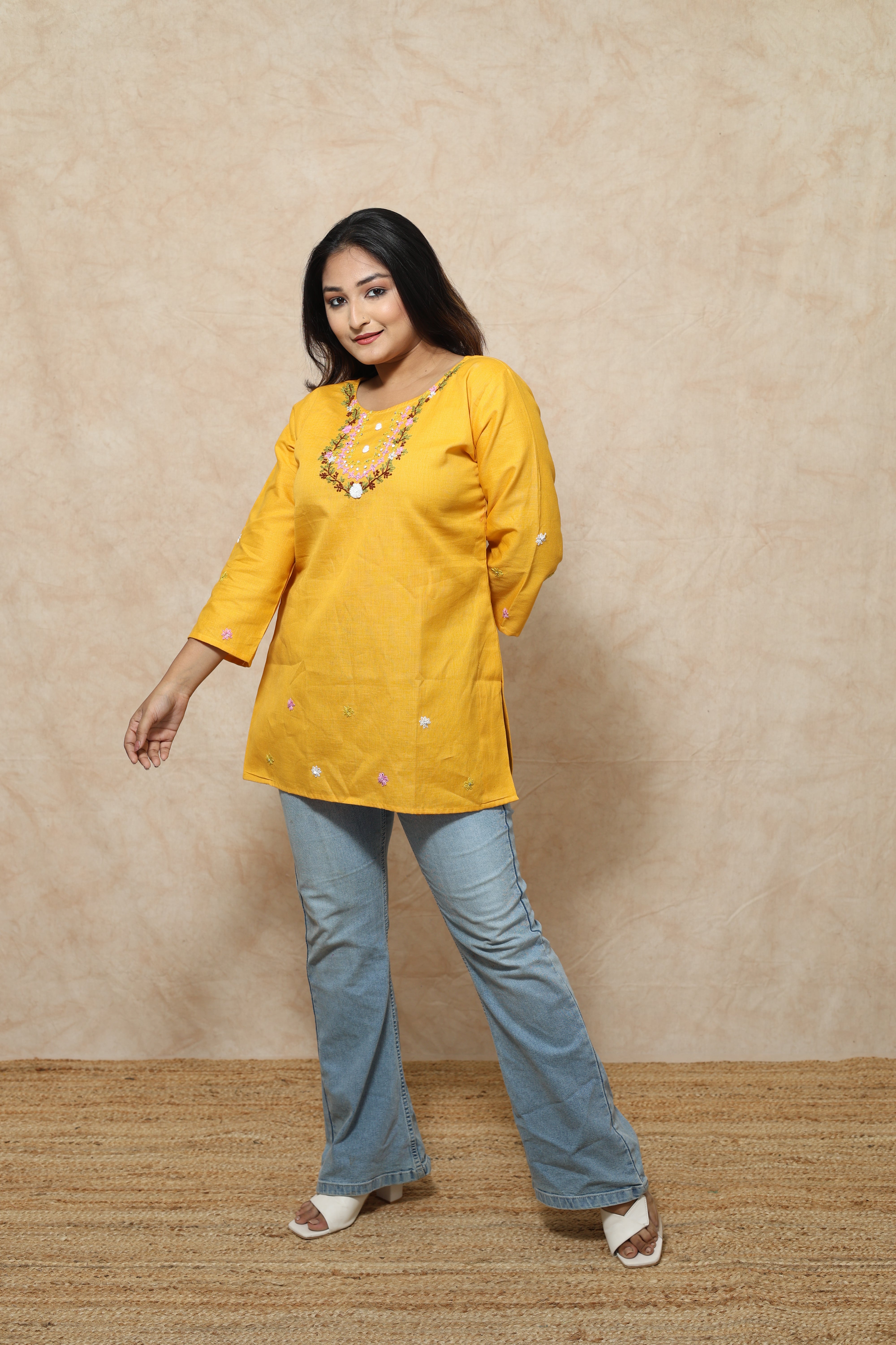 Hand Embroidery Yelllow Cotton Kurti