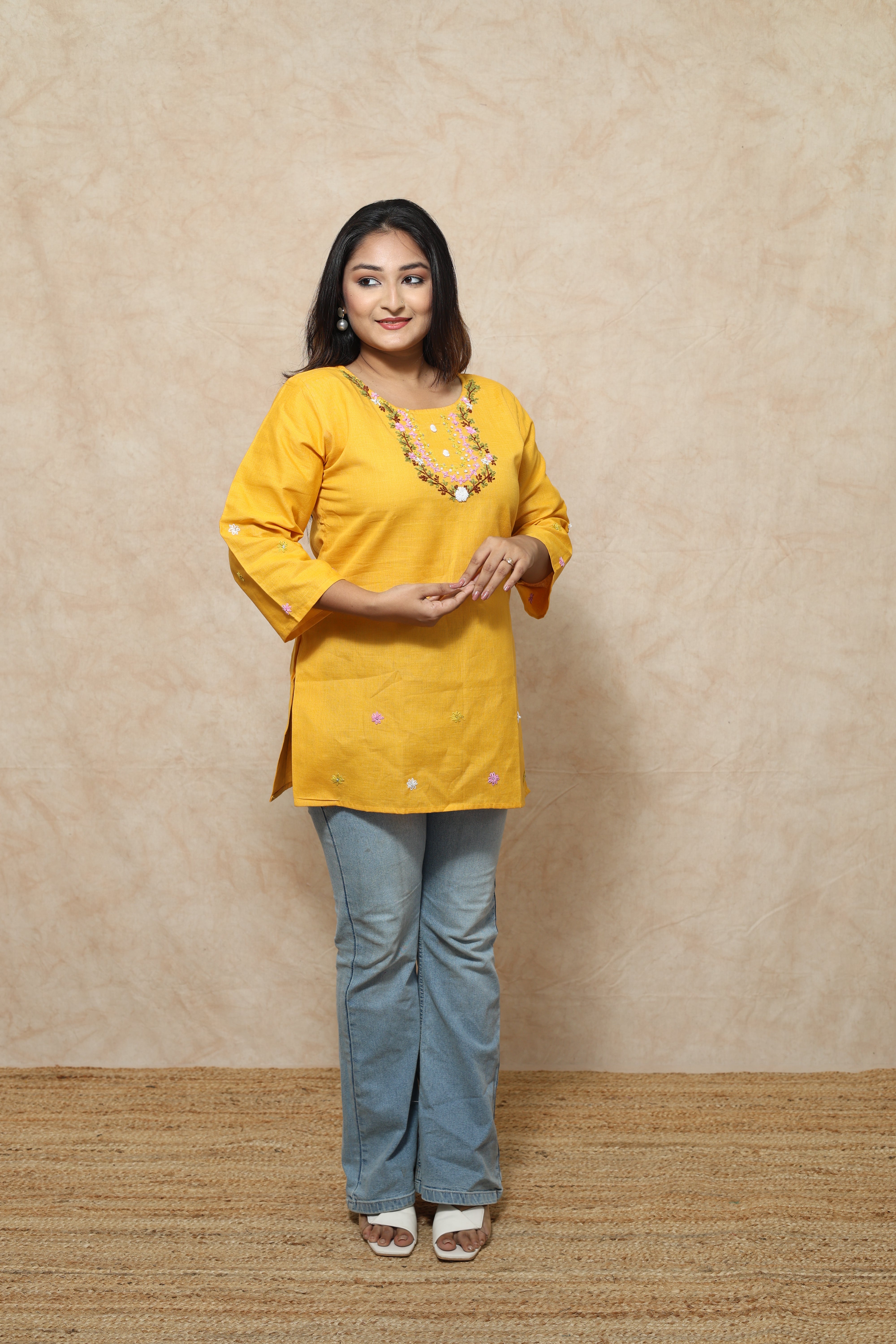 Hand Embroidery Yelllow Cotton Kurti