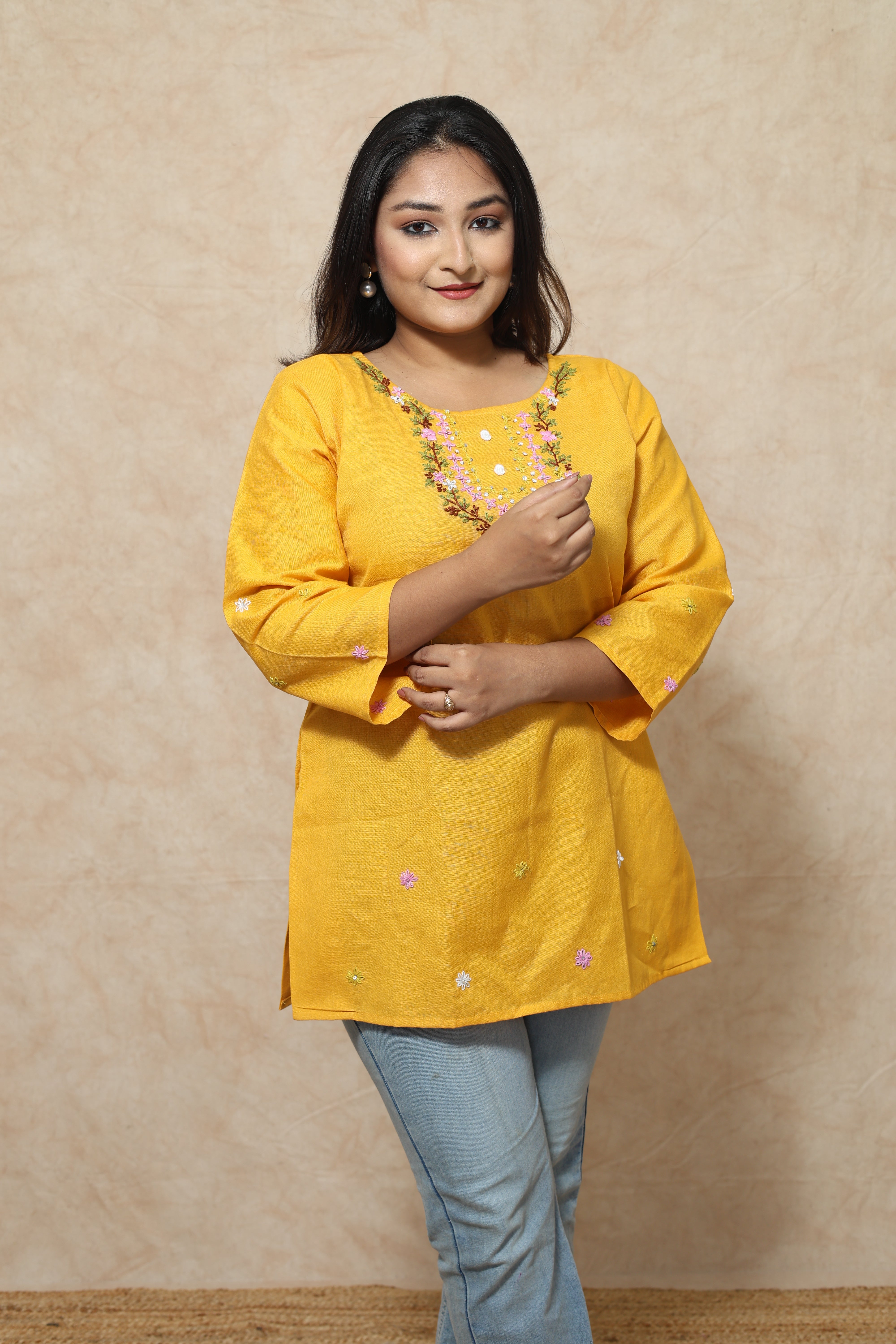 Hand Embroidery Yelllow Cotton Kurti