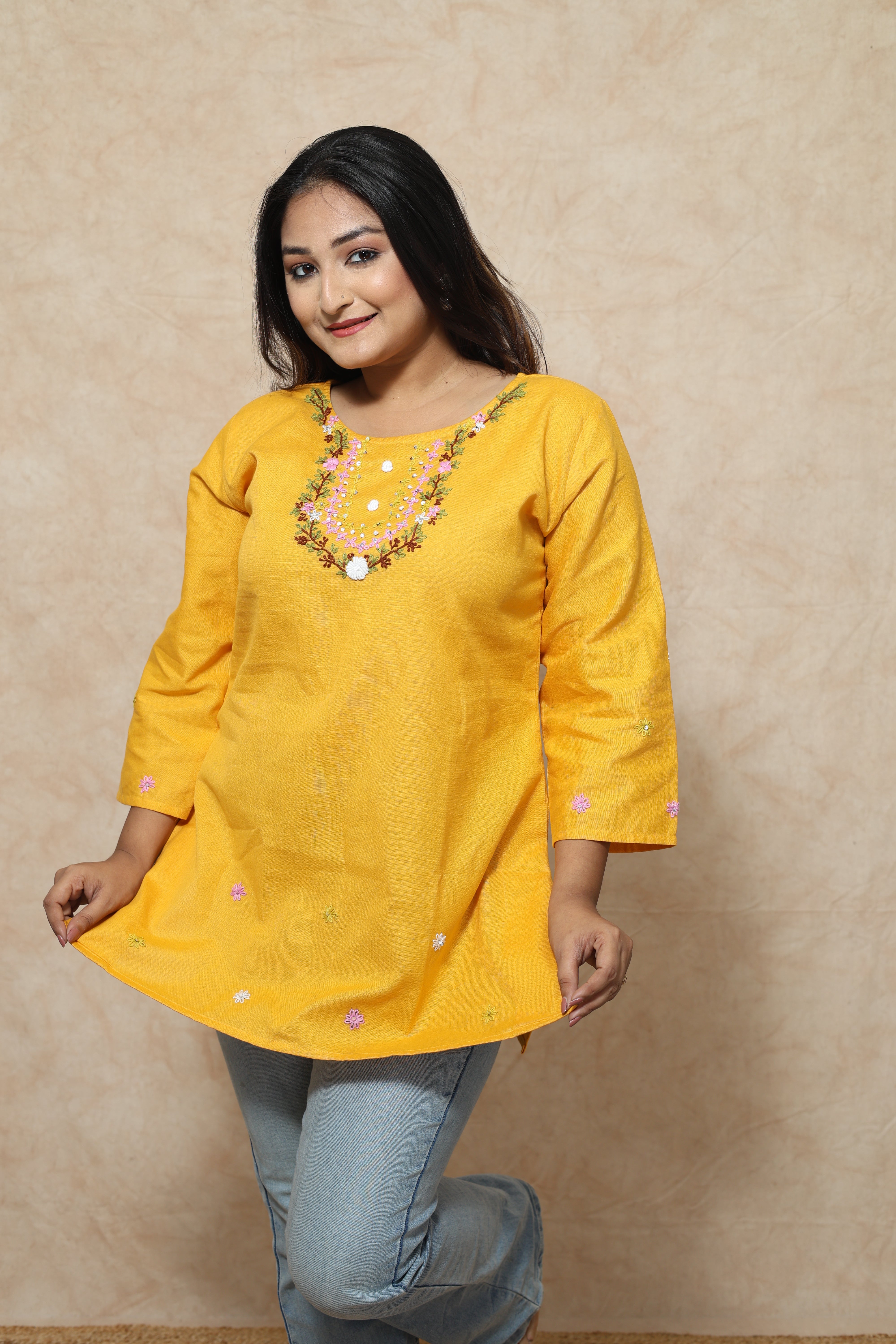 Hand Embroidery Yelllow Cotton Kurti