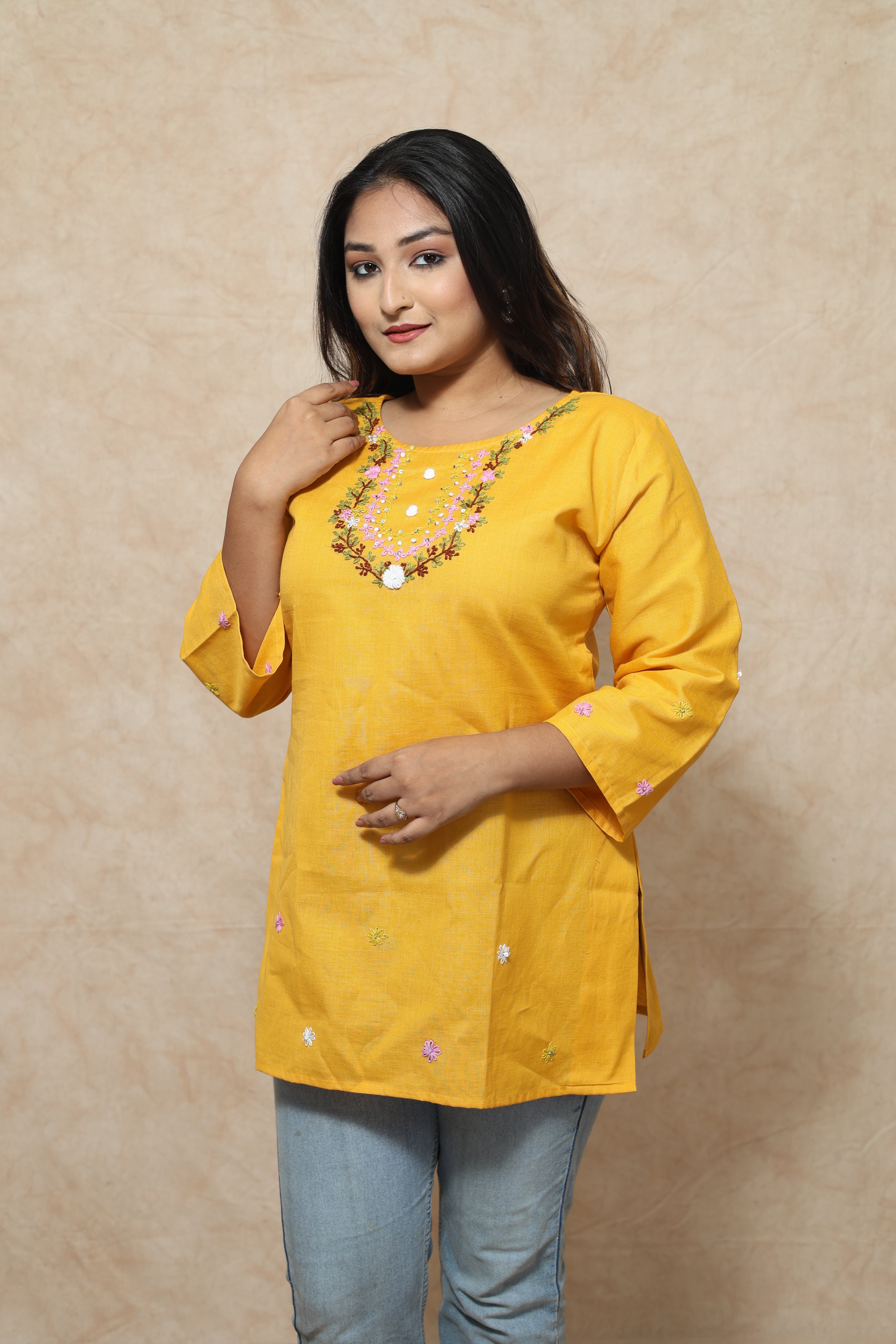 Hand Embroidery Yelllow Cotton Kurti