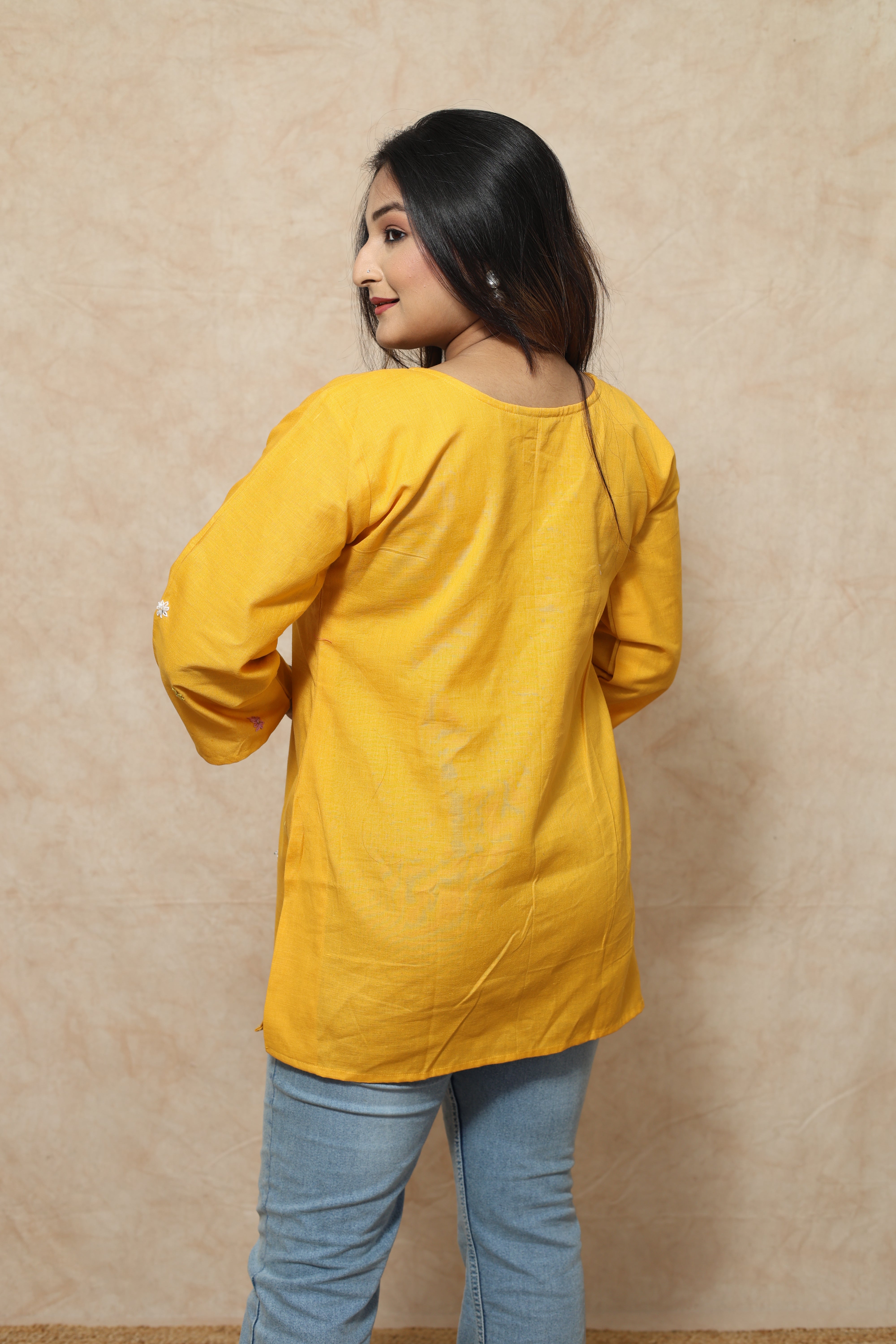 Hand Embroidery Yelllow Cotton Kurti