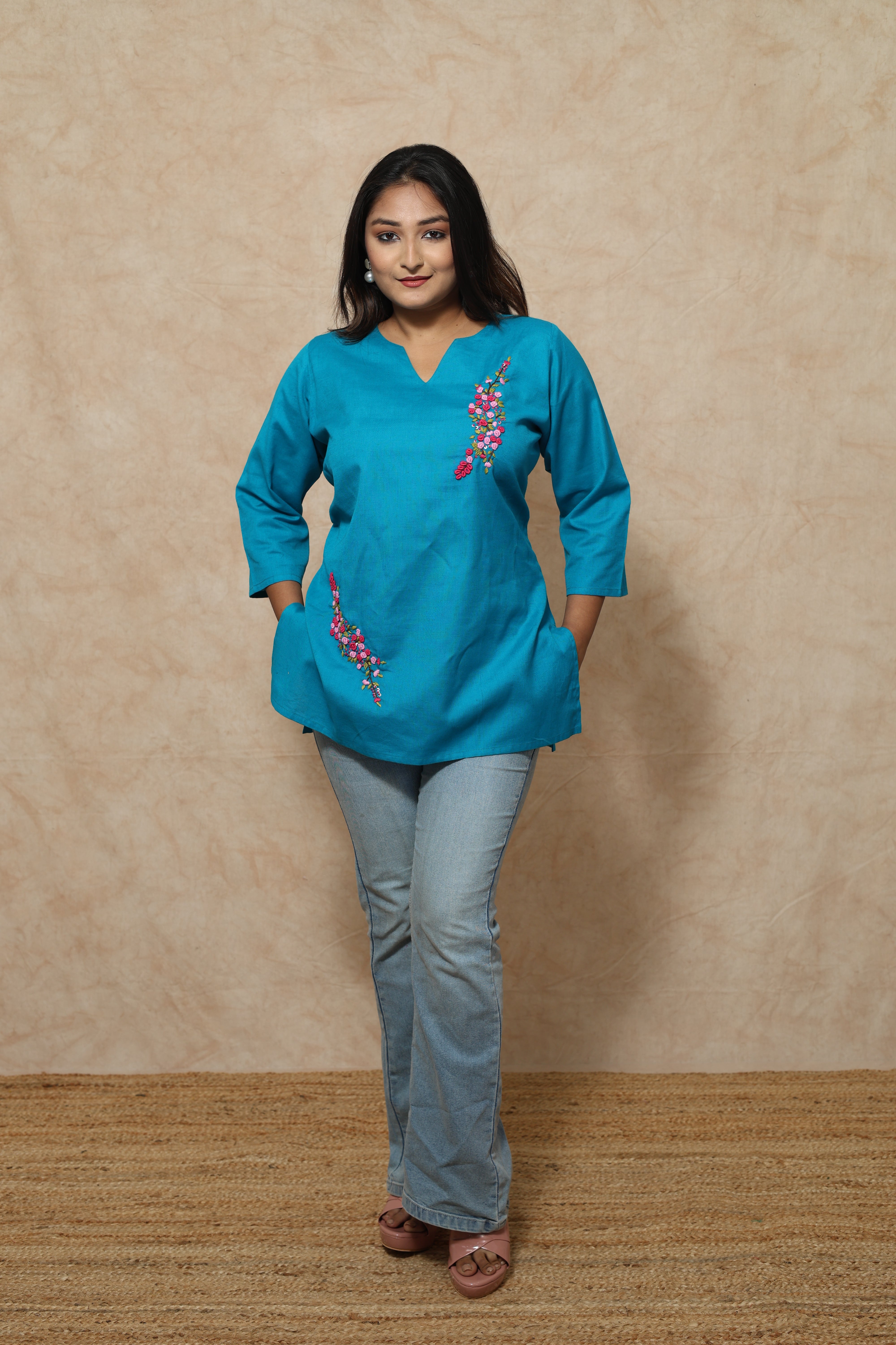Hand Embroidery Blue Cottton Kurti