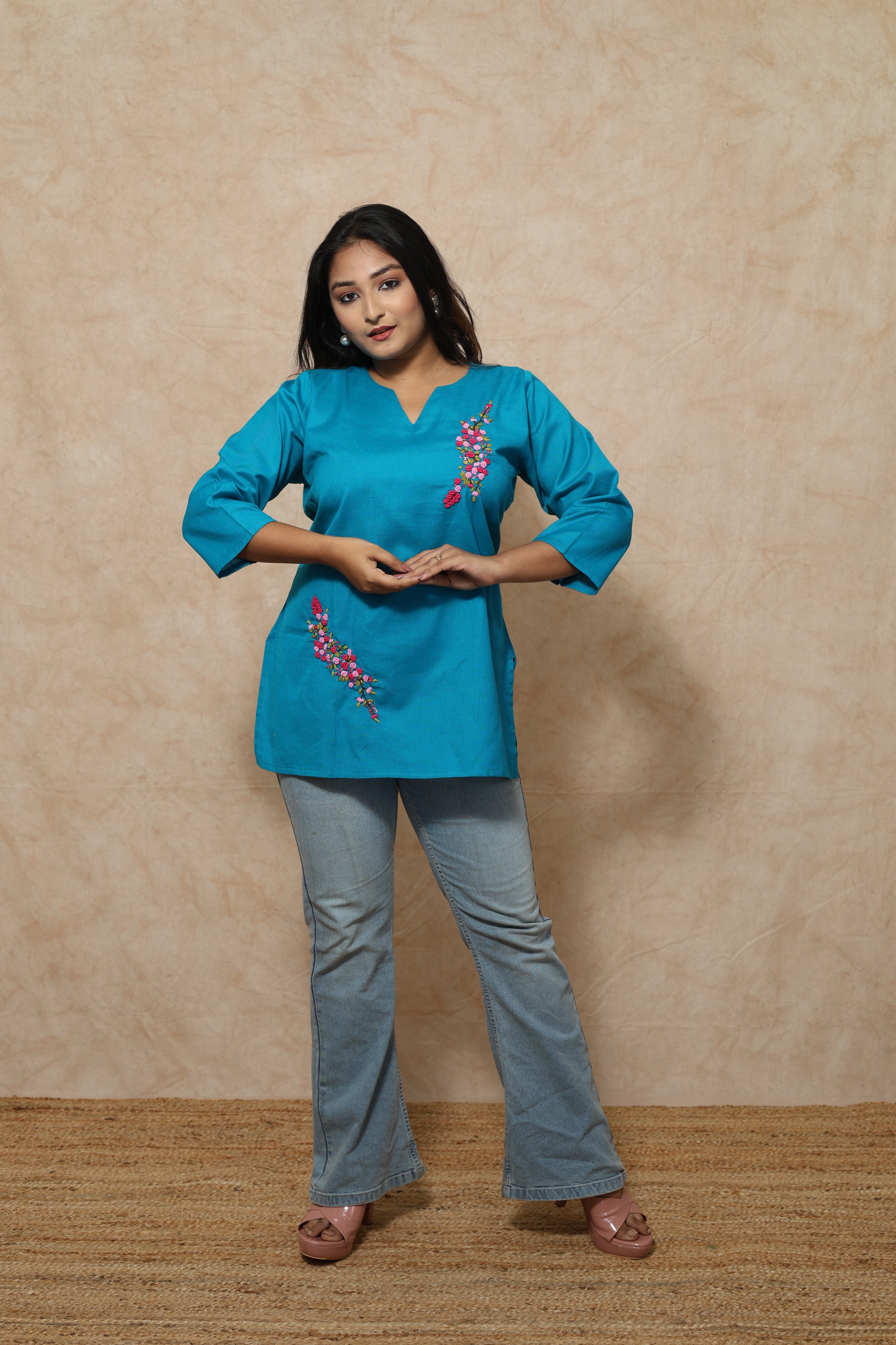 Hand Embroidery Blue Cottton Kurti