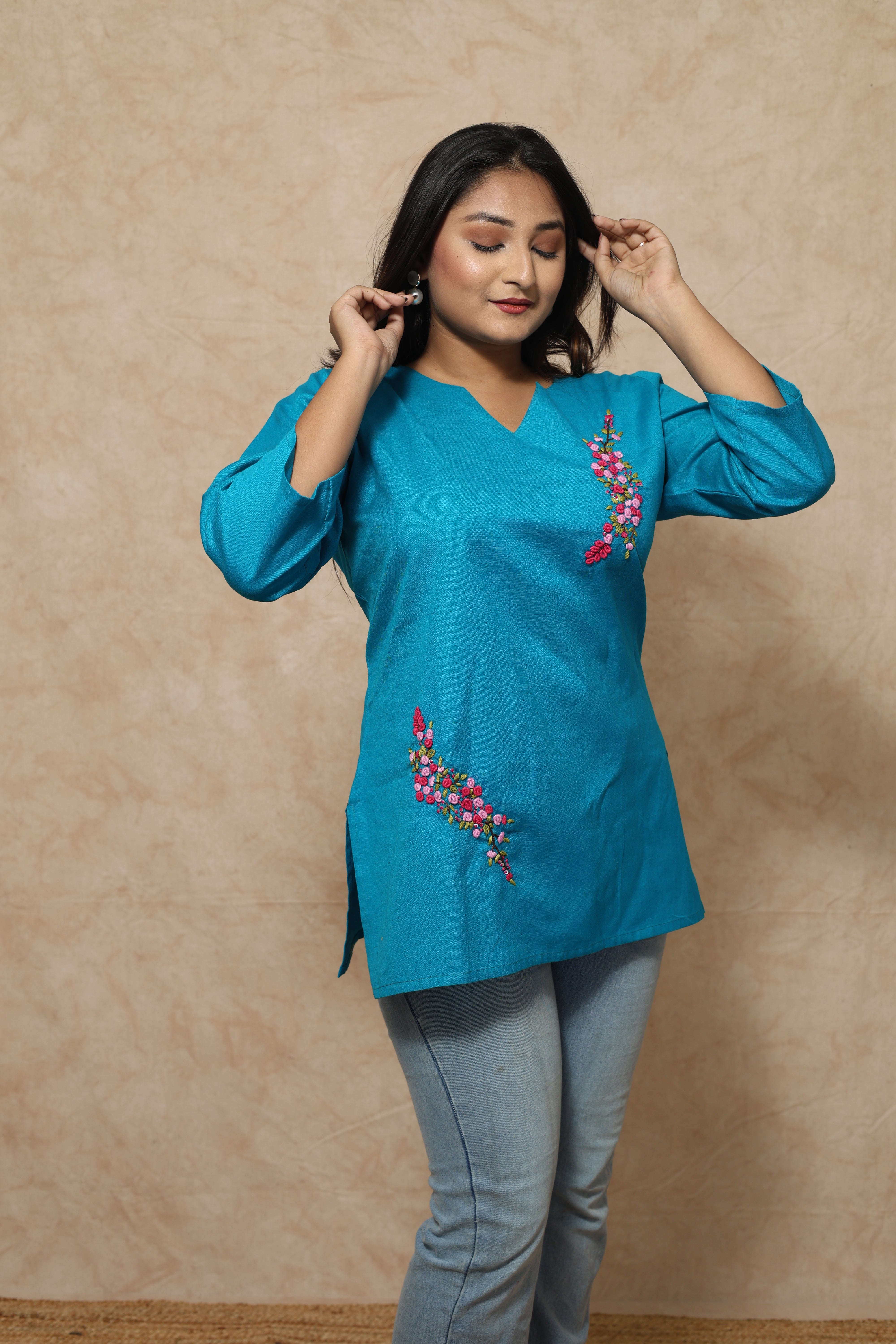Hand Embroidery Blue Cottton Kurti