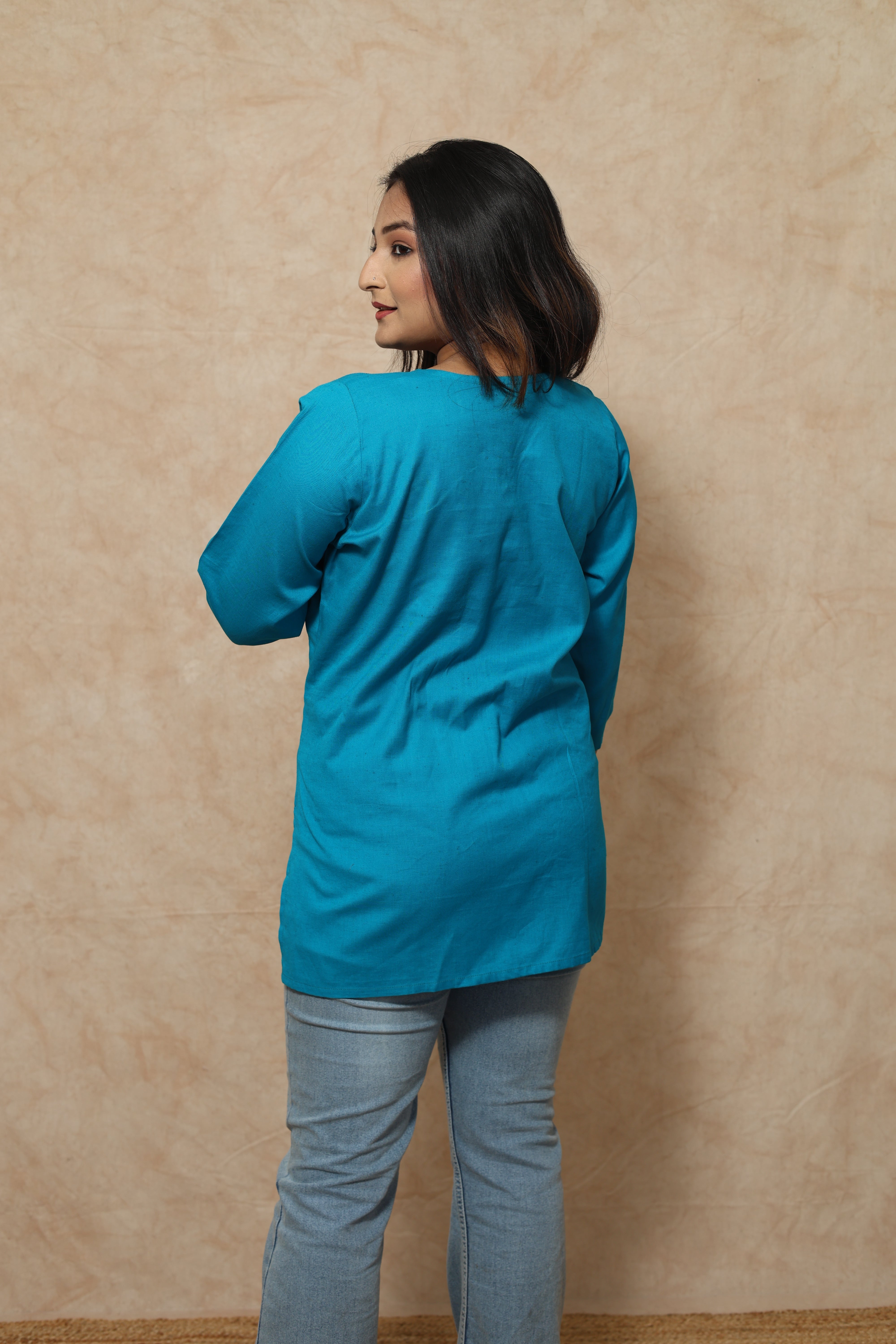 Hand Embroidery Blue Cottton Kurti