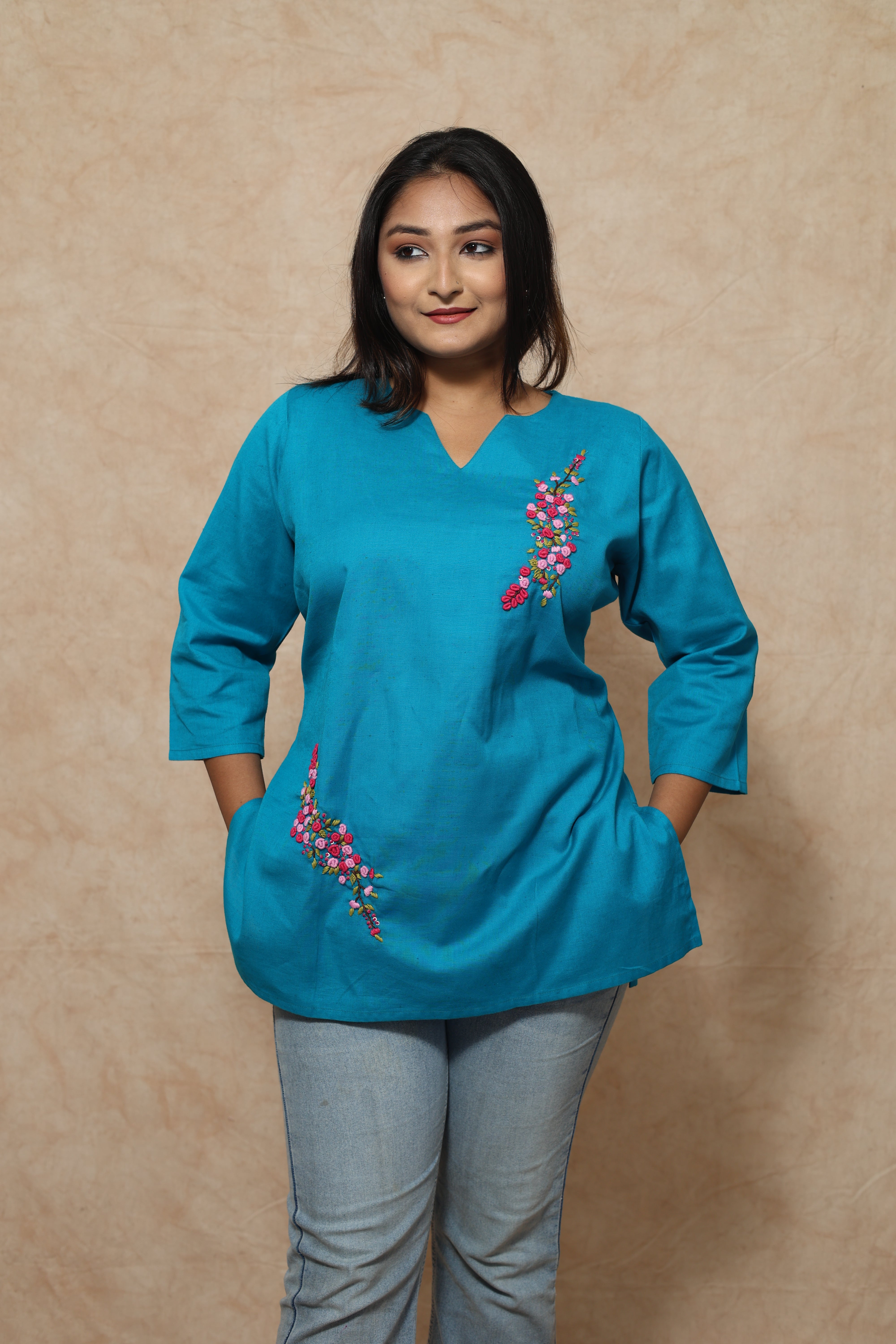 Hand Embroidery Blue Cottton Kurti