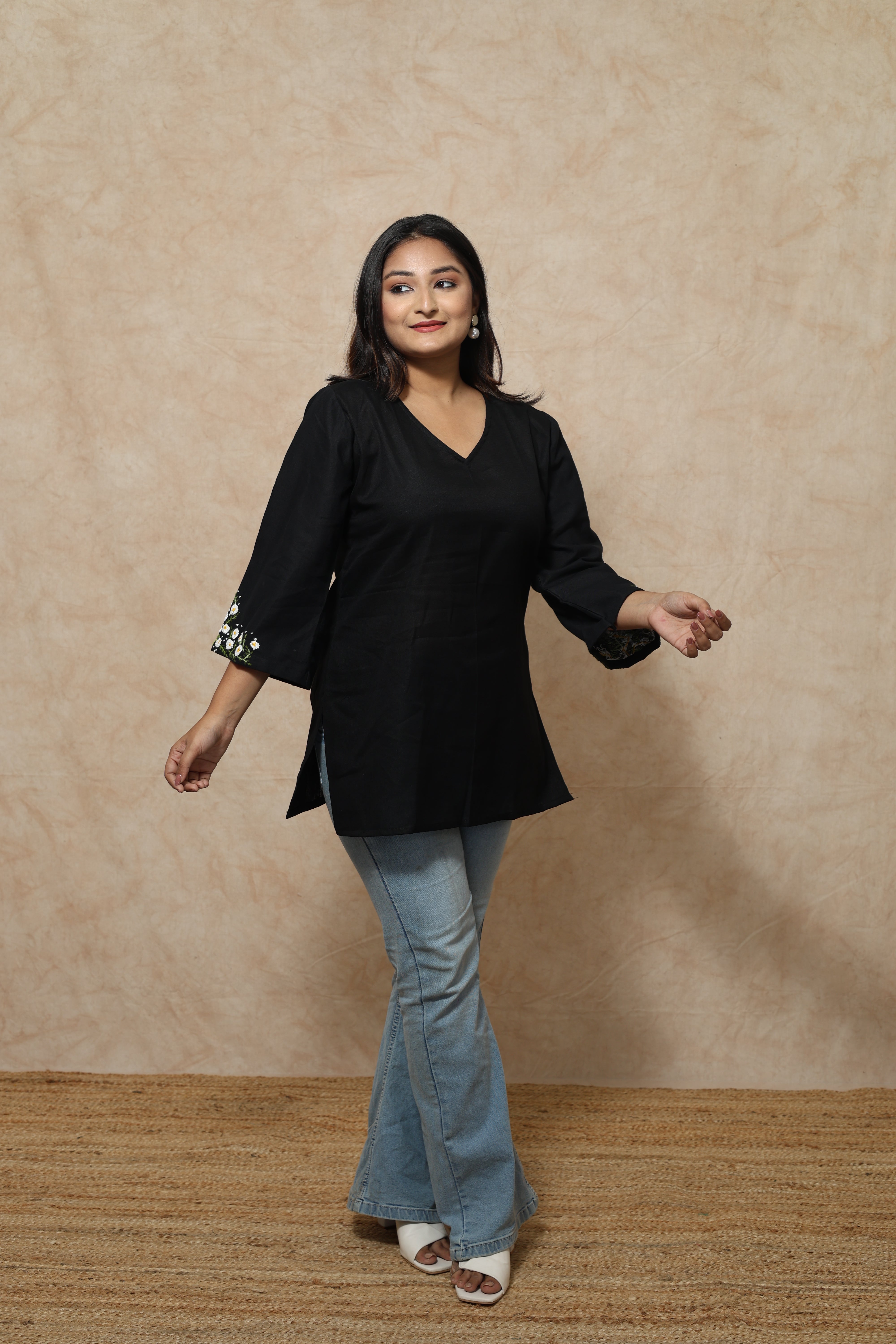 Hand Embroidery Cotton Black Kurti
