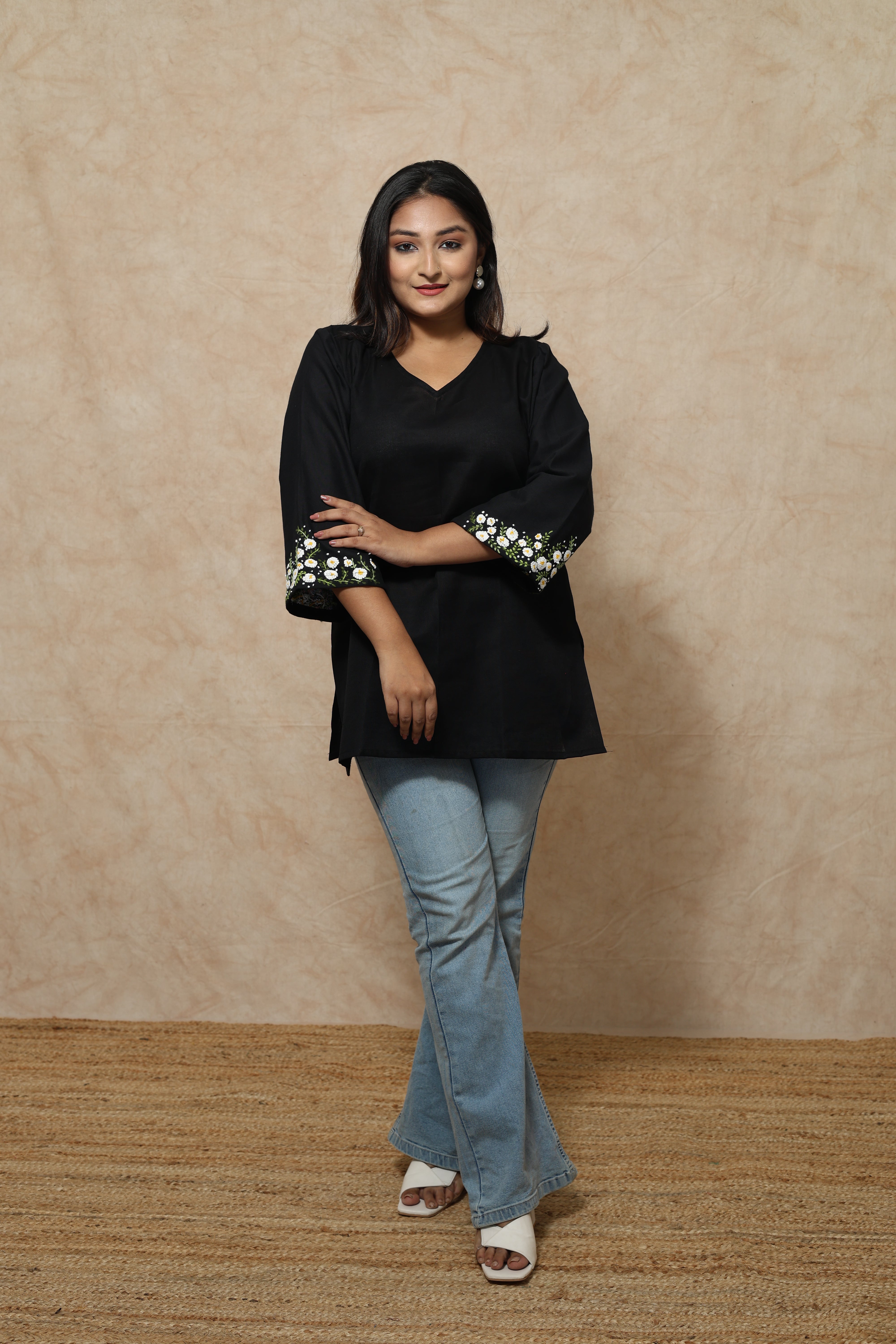 Black Hand Embroidery Cotton Women's Kurti