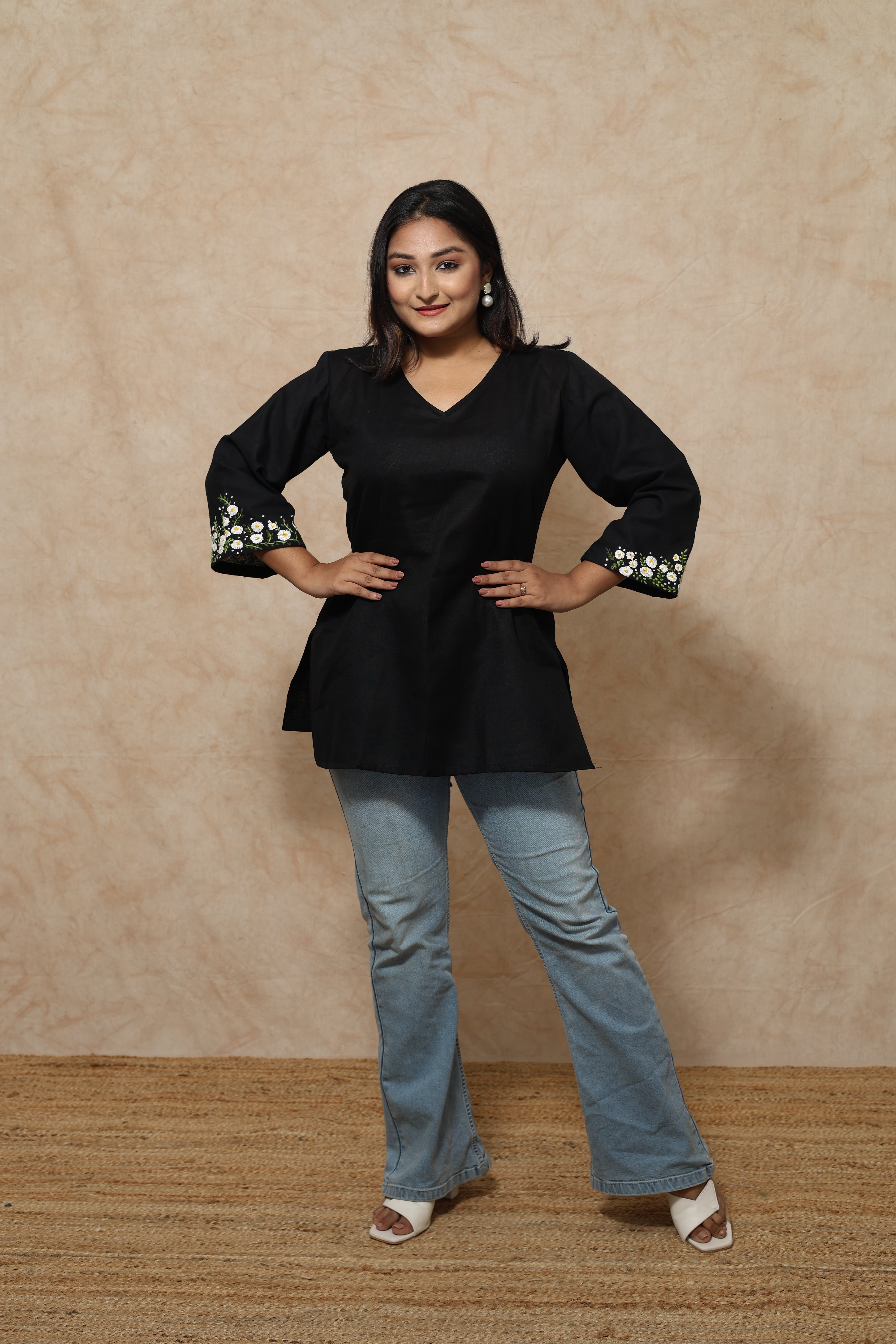 Hand Embroidery Cotton Black Kurti