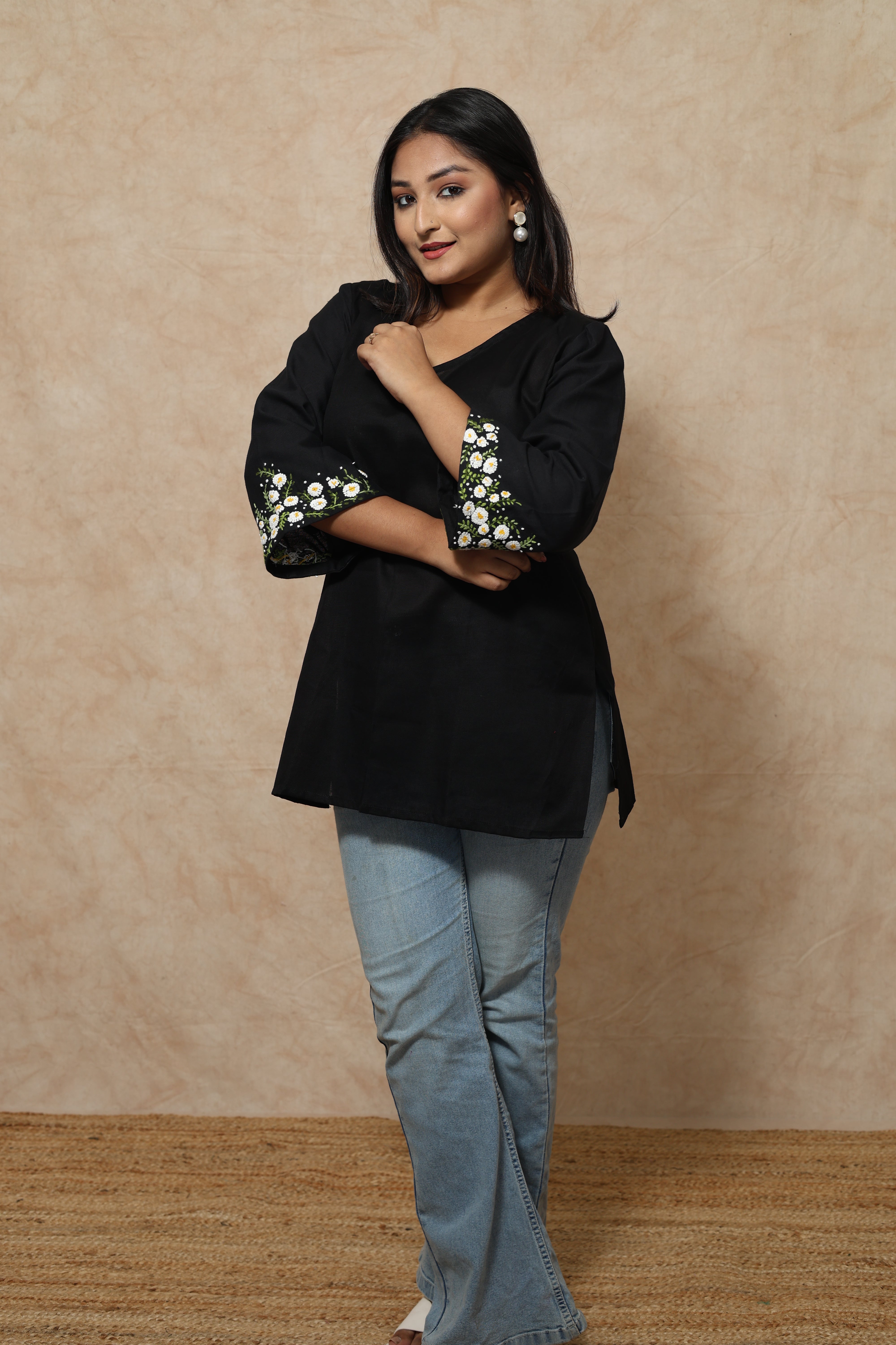 Hand Embroidery Cotton Black Kurti