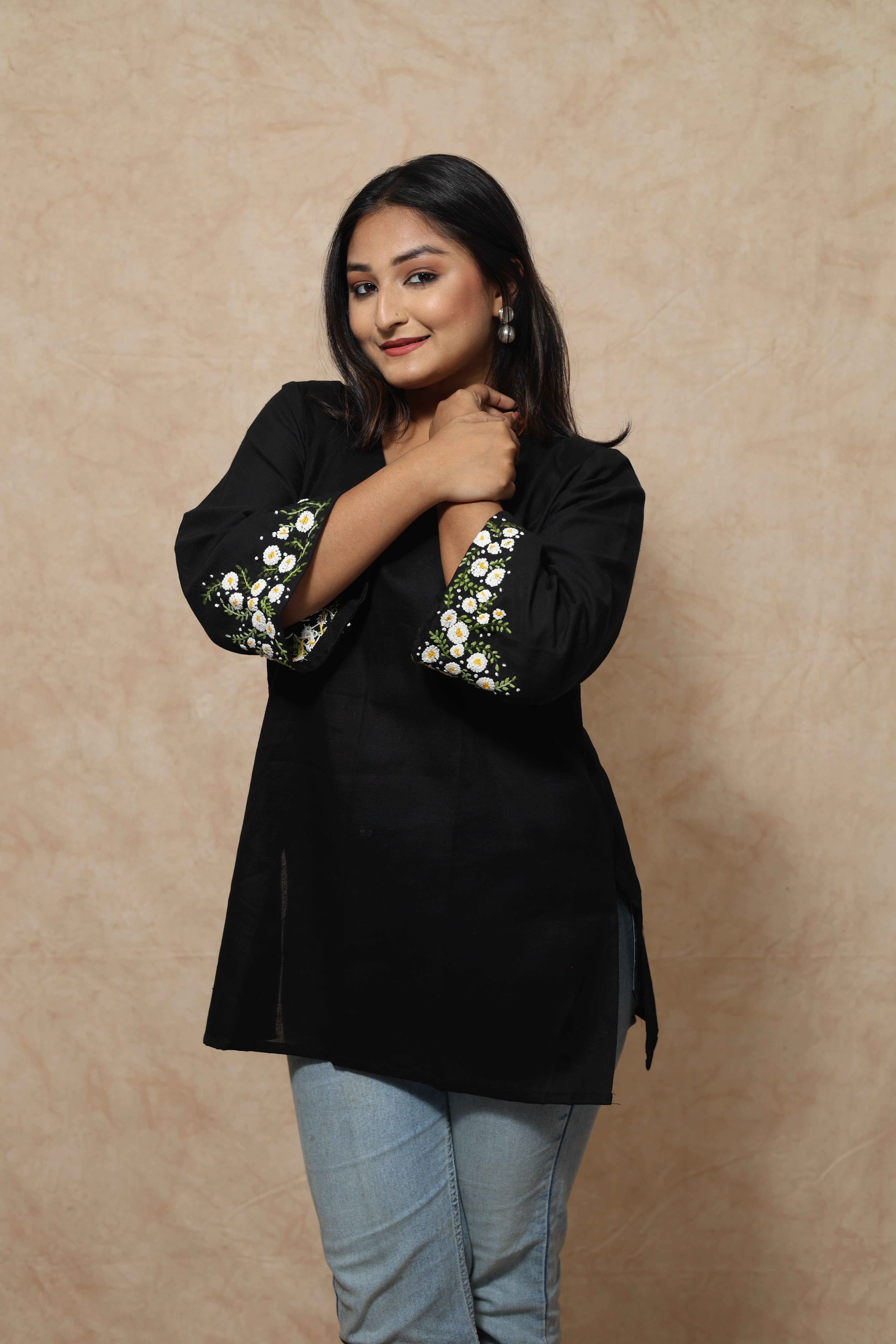Hand Embroidery Cotton Black Kurti