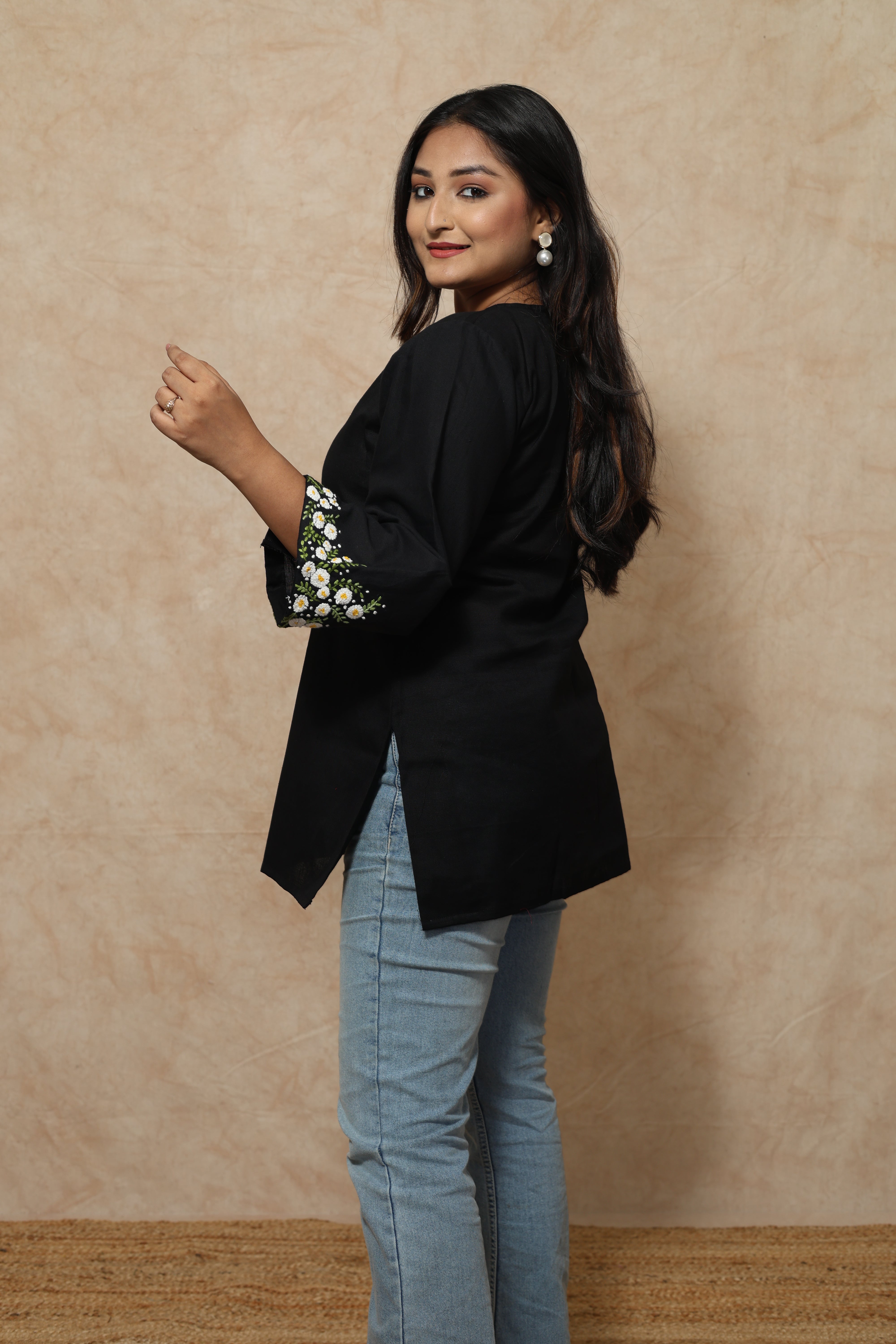 Hand Embroidery Cotton Black Kurti