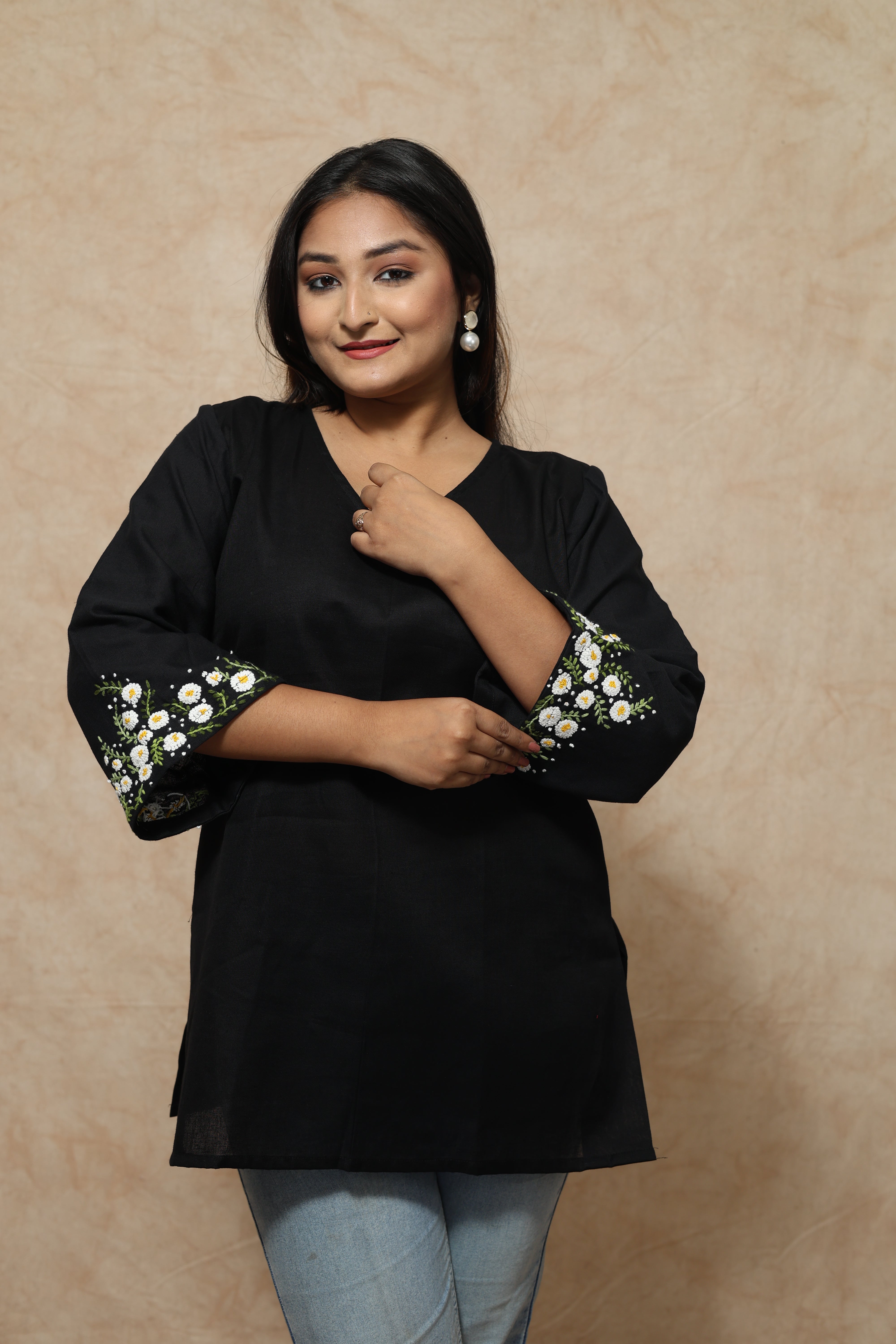 Hand Embroidery Cotton Black Kurti