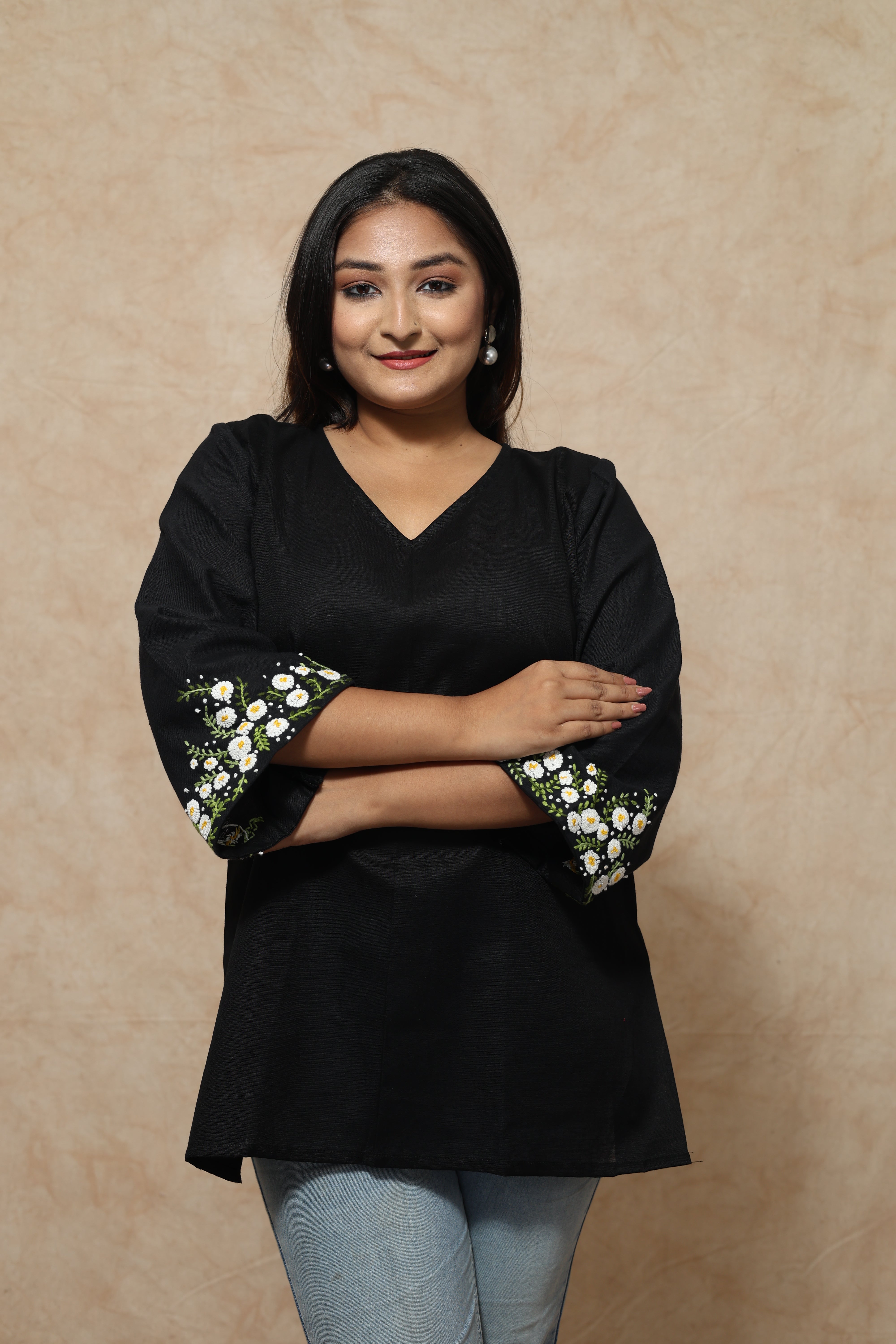 Hand Embroidery Cotton Black Kurti