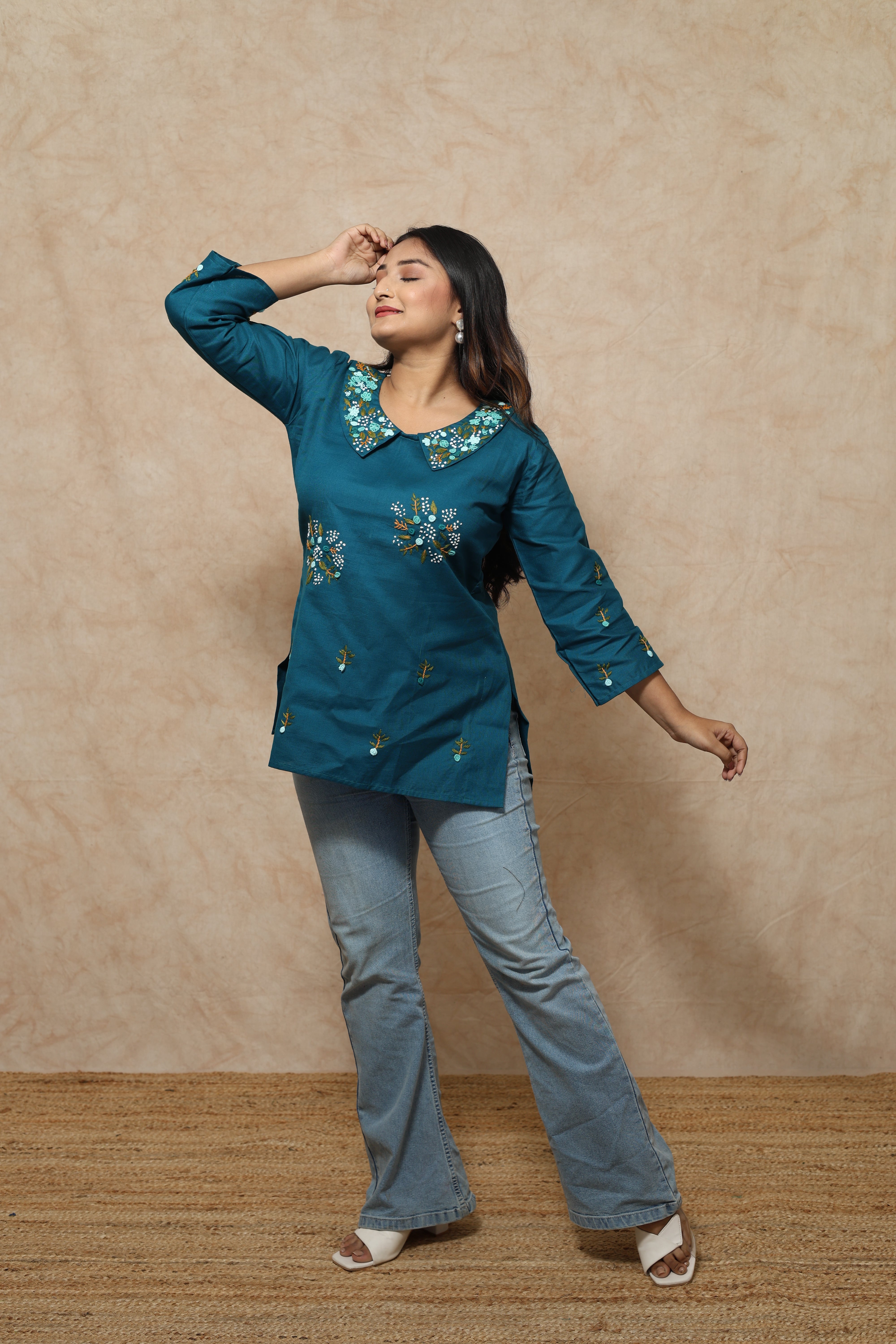Turquoise Blue Color Handwork Kurti