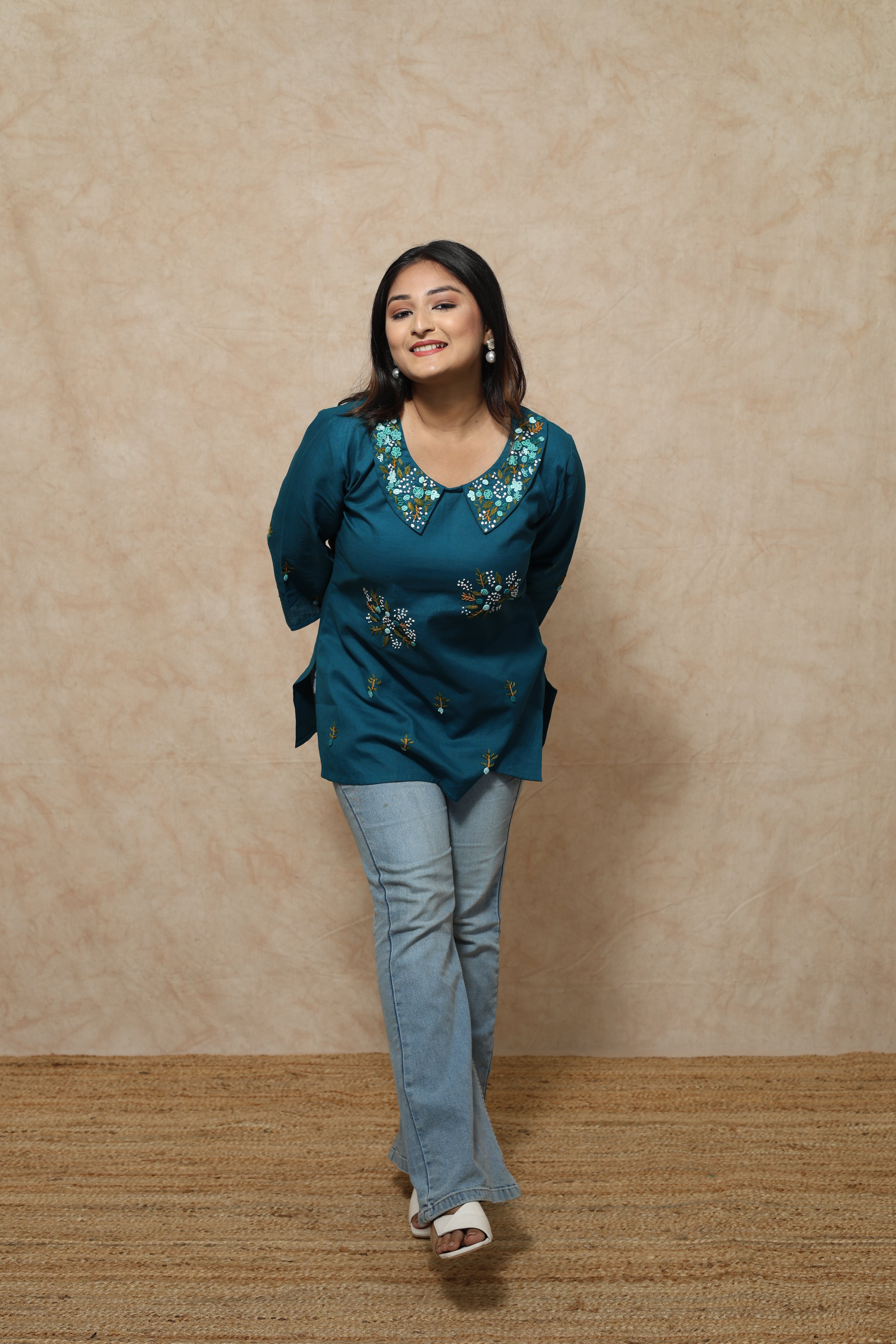 Turquoise Blue Color Handwork Kurti