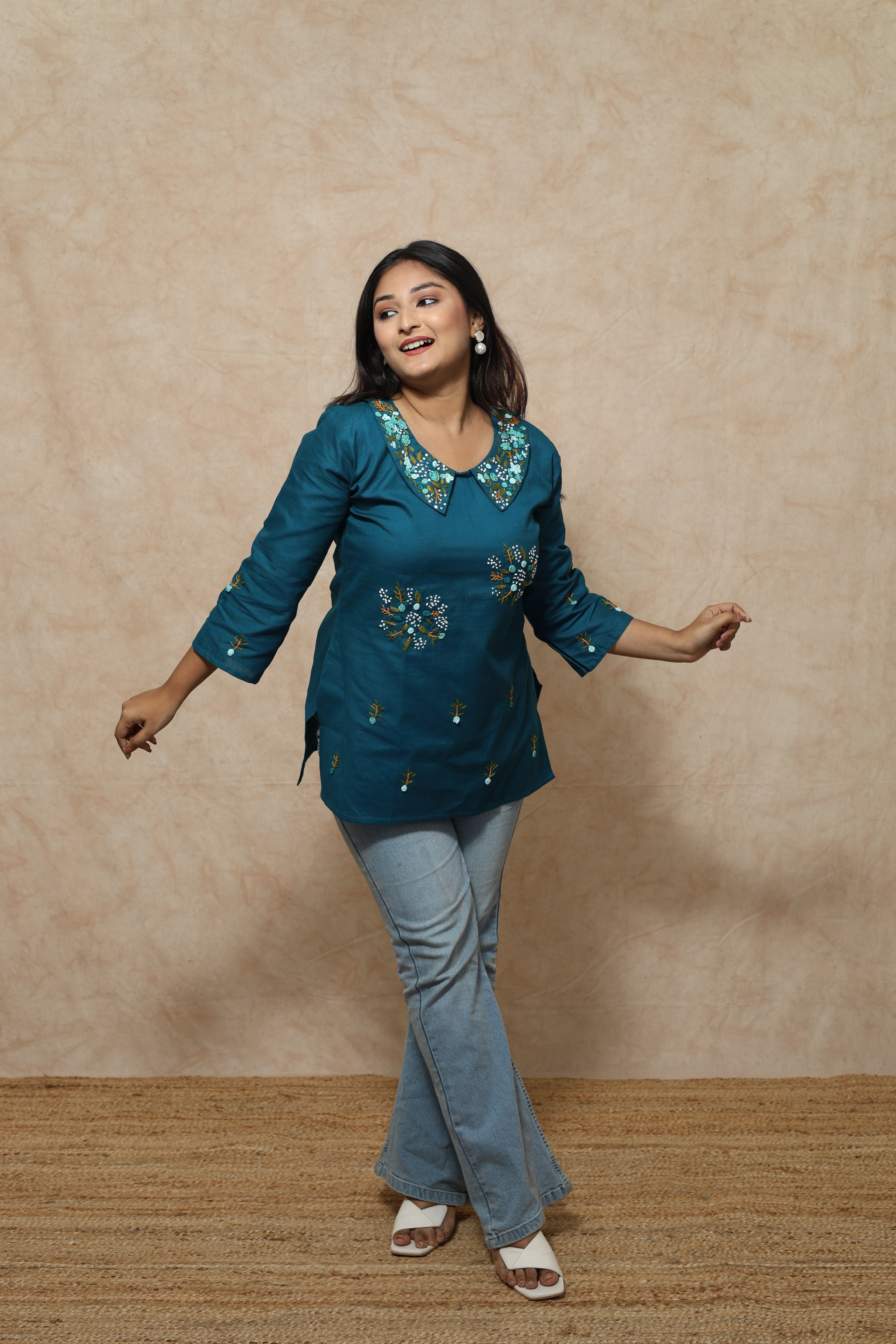 Turquoise Blue Color Handwork Kurti