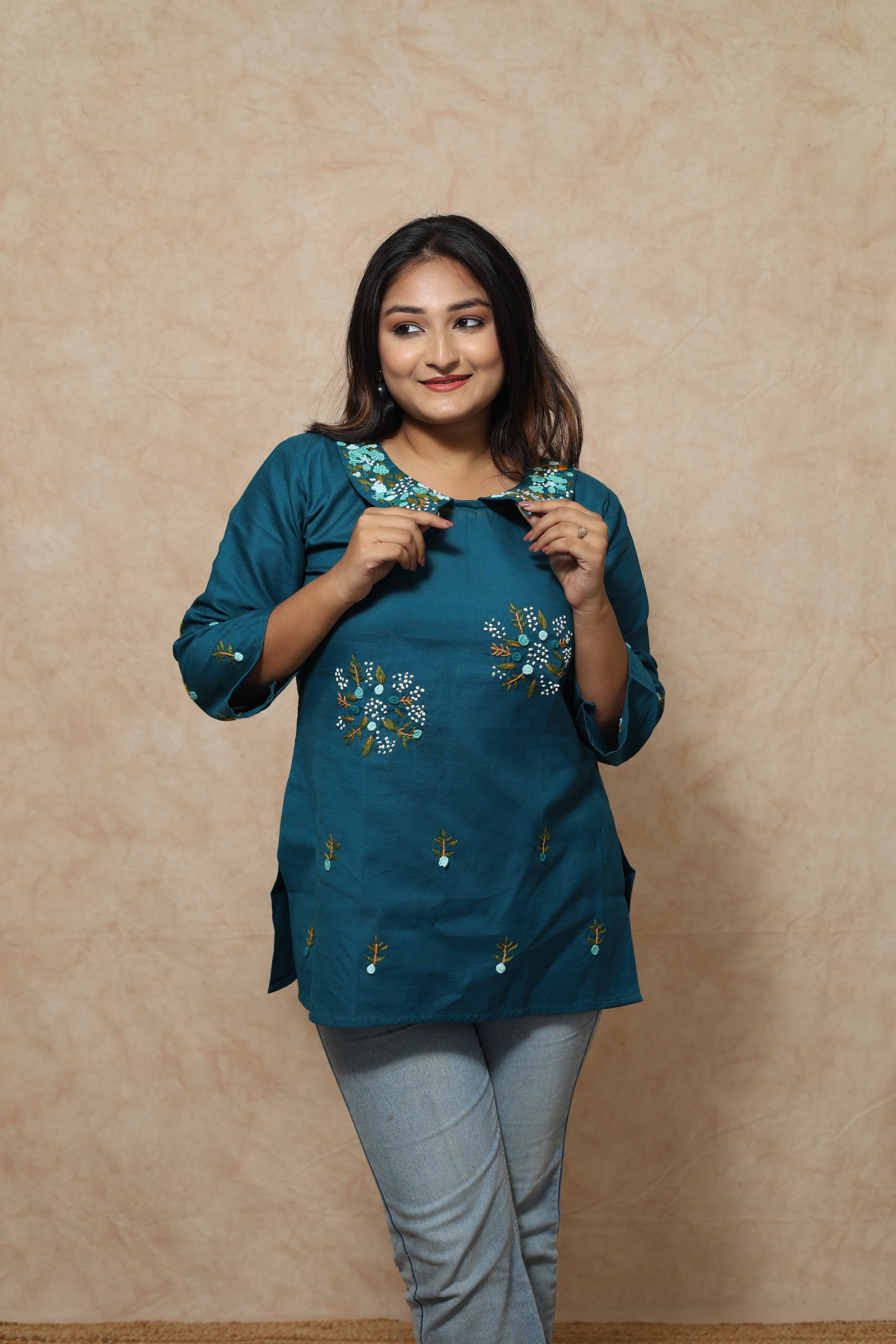 Turquoise Blue Color Handwork Kurti