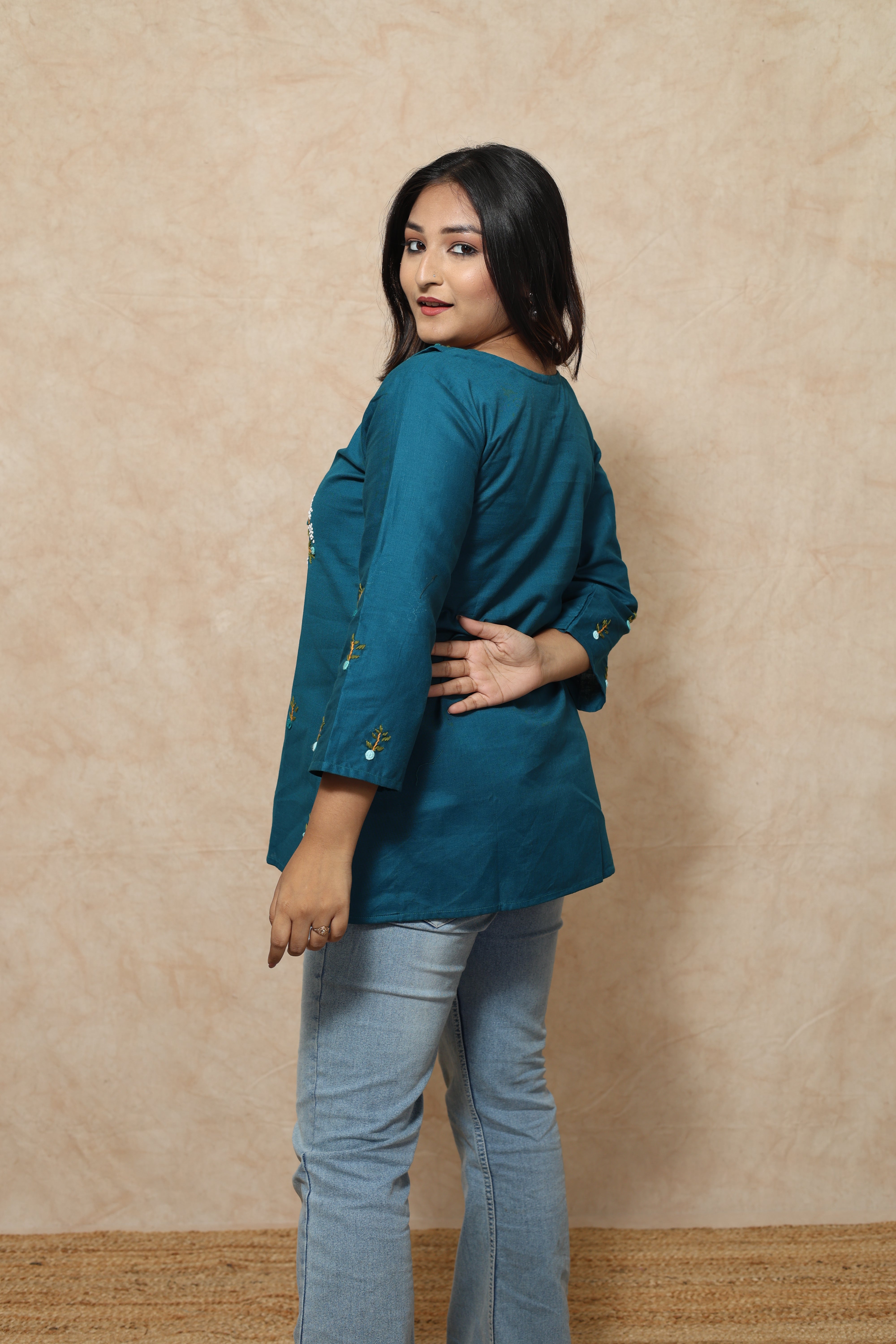 Turquoise Blue Color Handwork Kurti