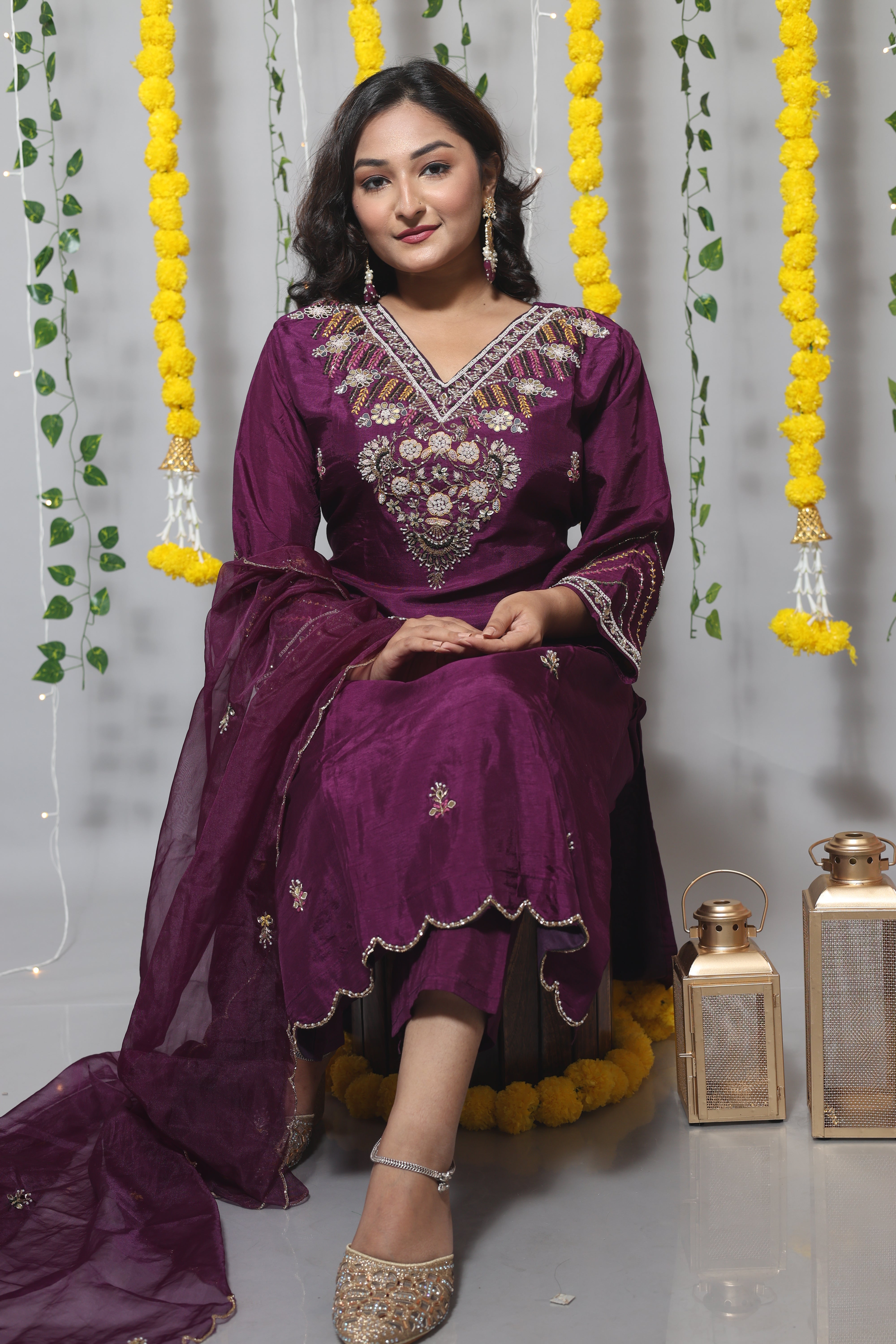 Purple dola silk suit set featuring beautiful handwork