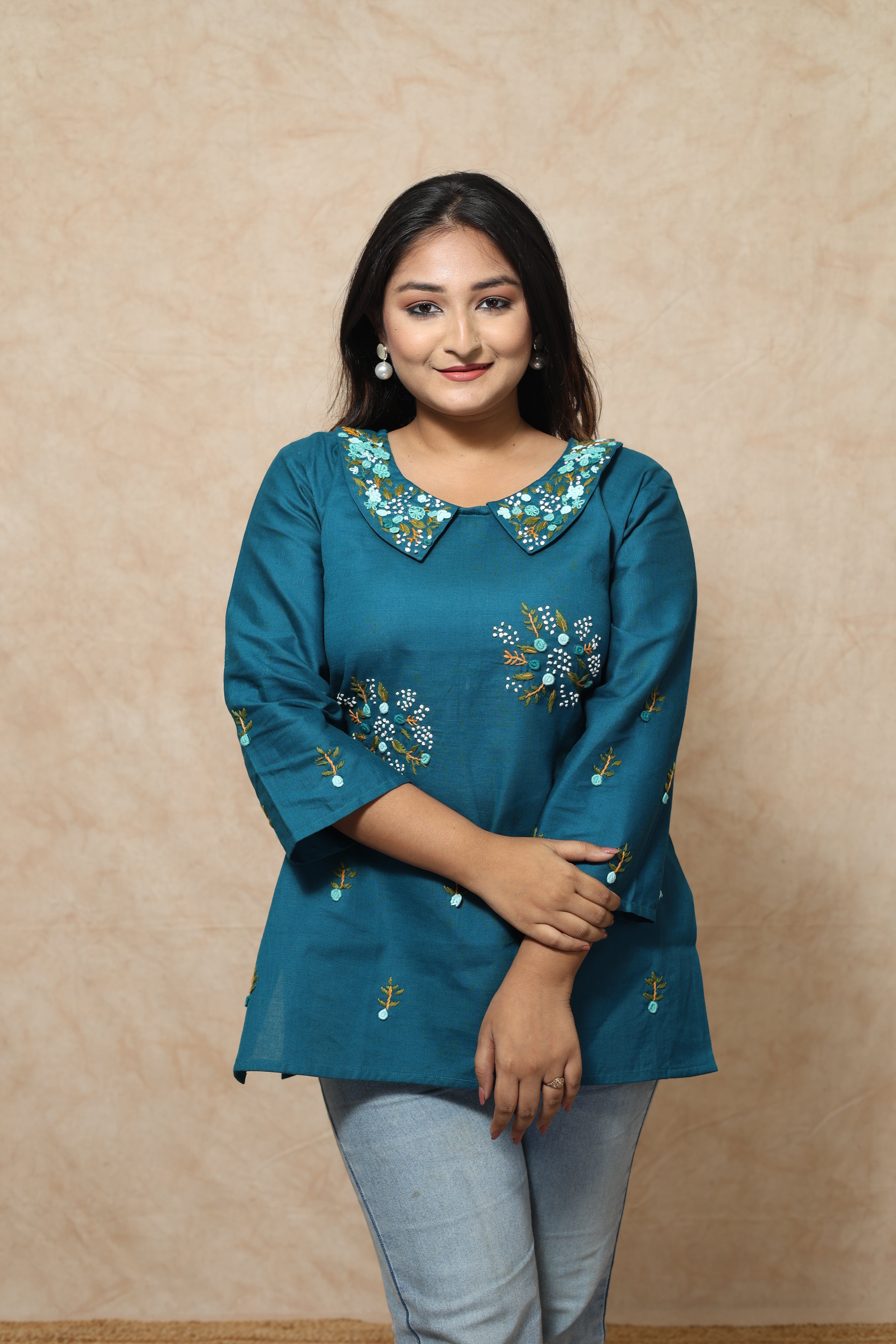 Turquoise Blue Color Handwork Kurti