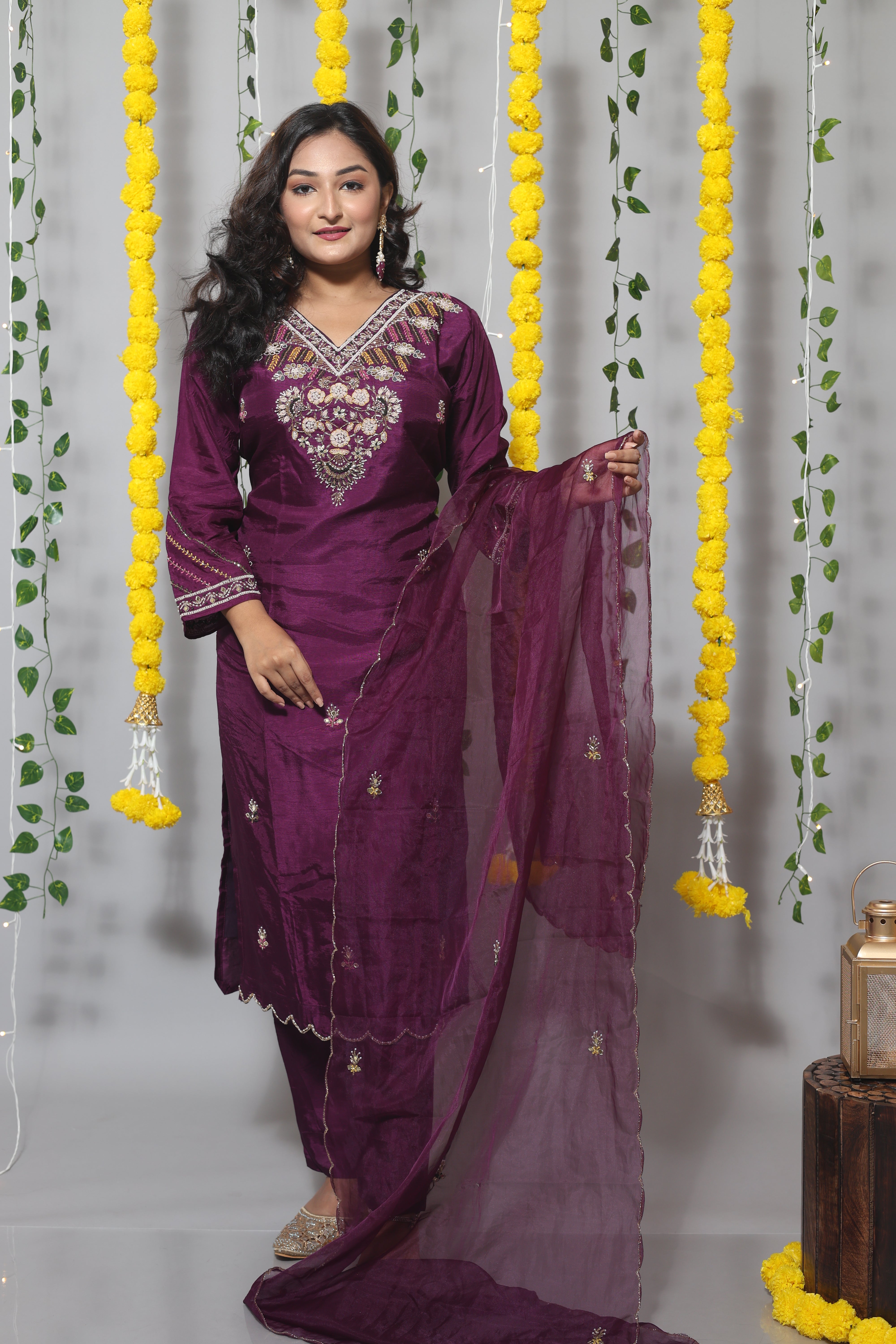 Purple Dola Silk Handwork Suit Set