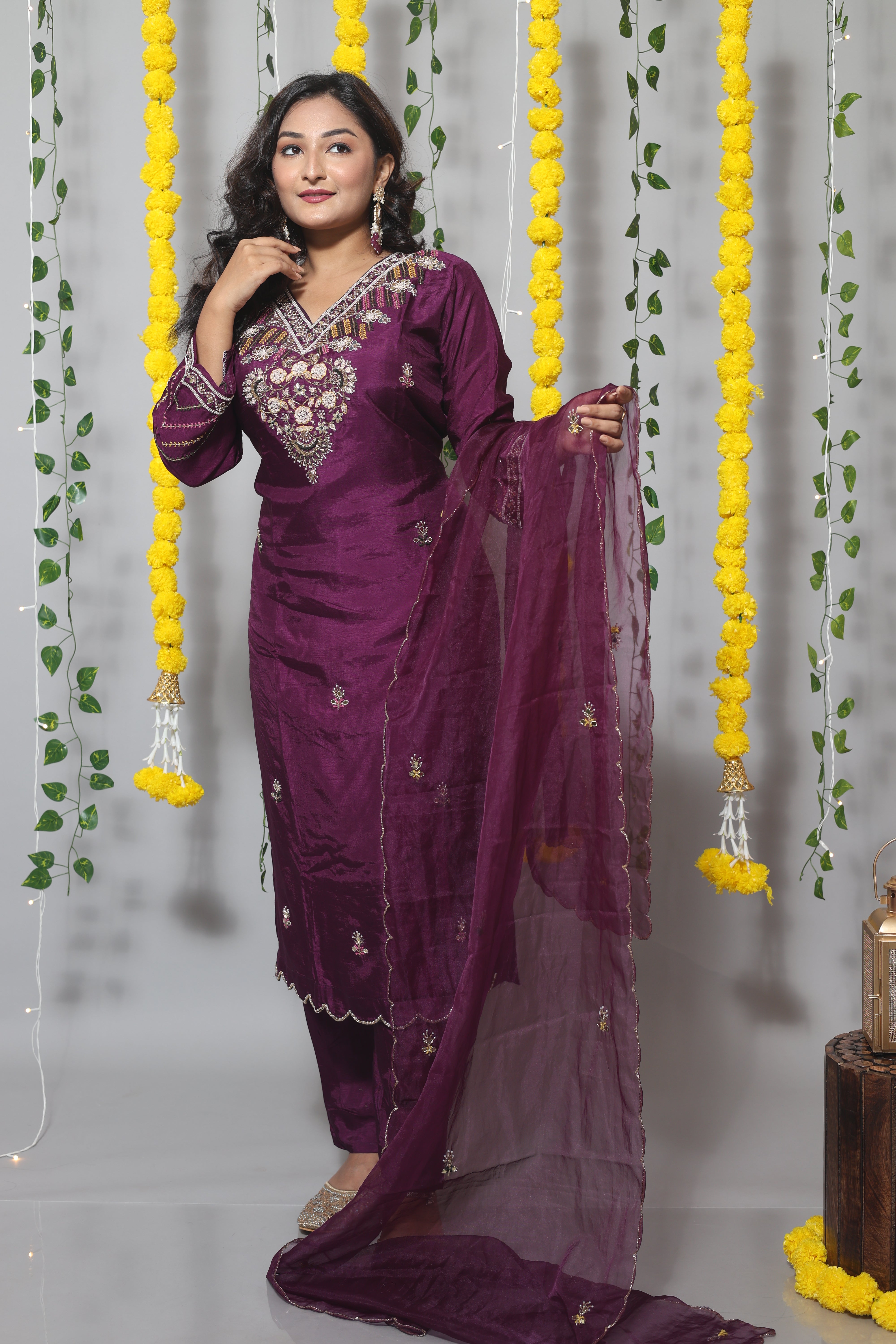 Purple Dola Silk Handwork Suit Set
