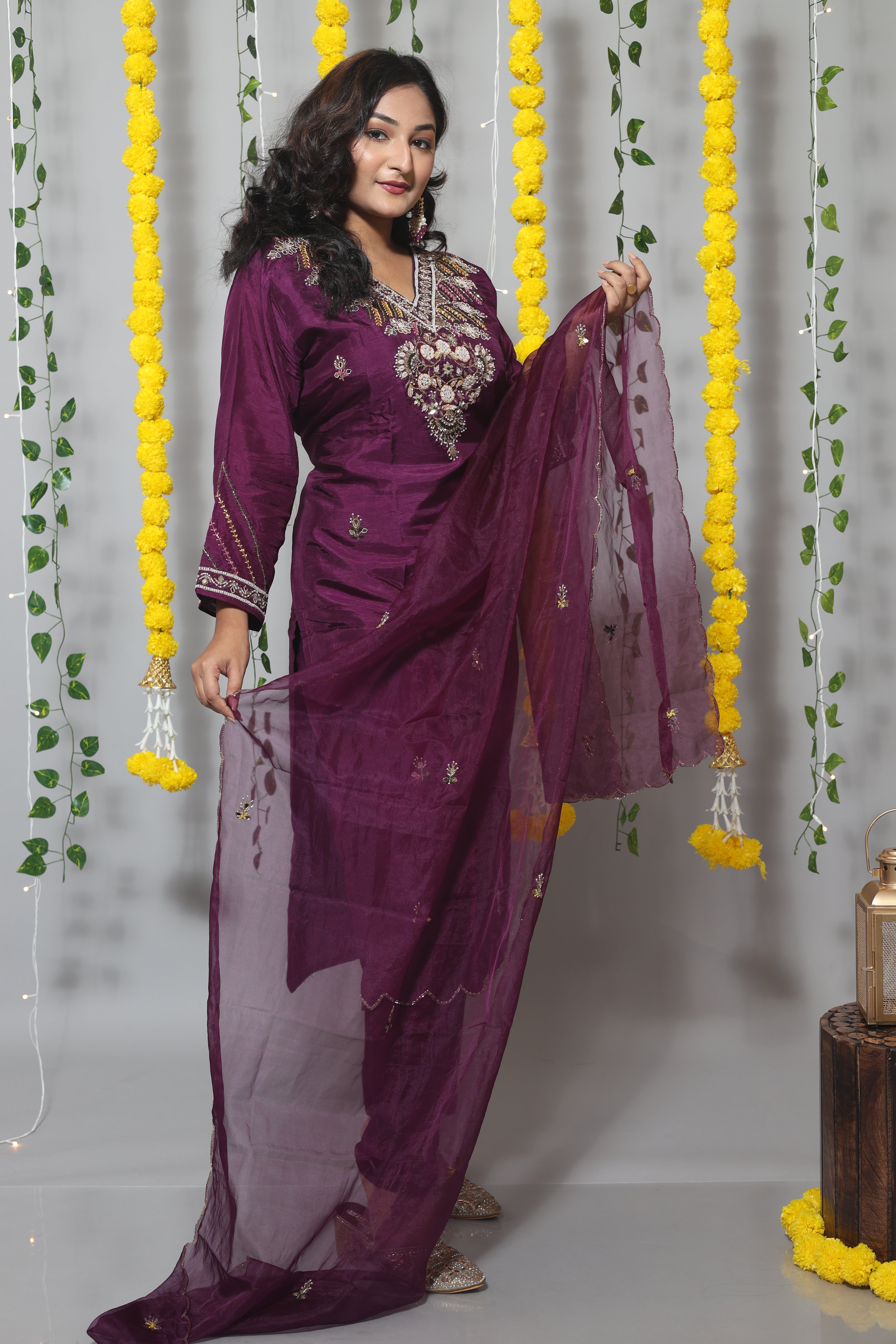 Purple Dola Silk Handwork Suit Set