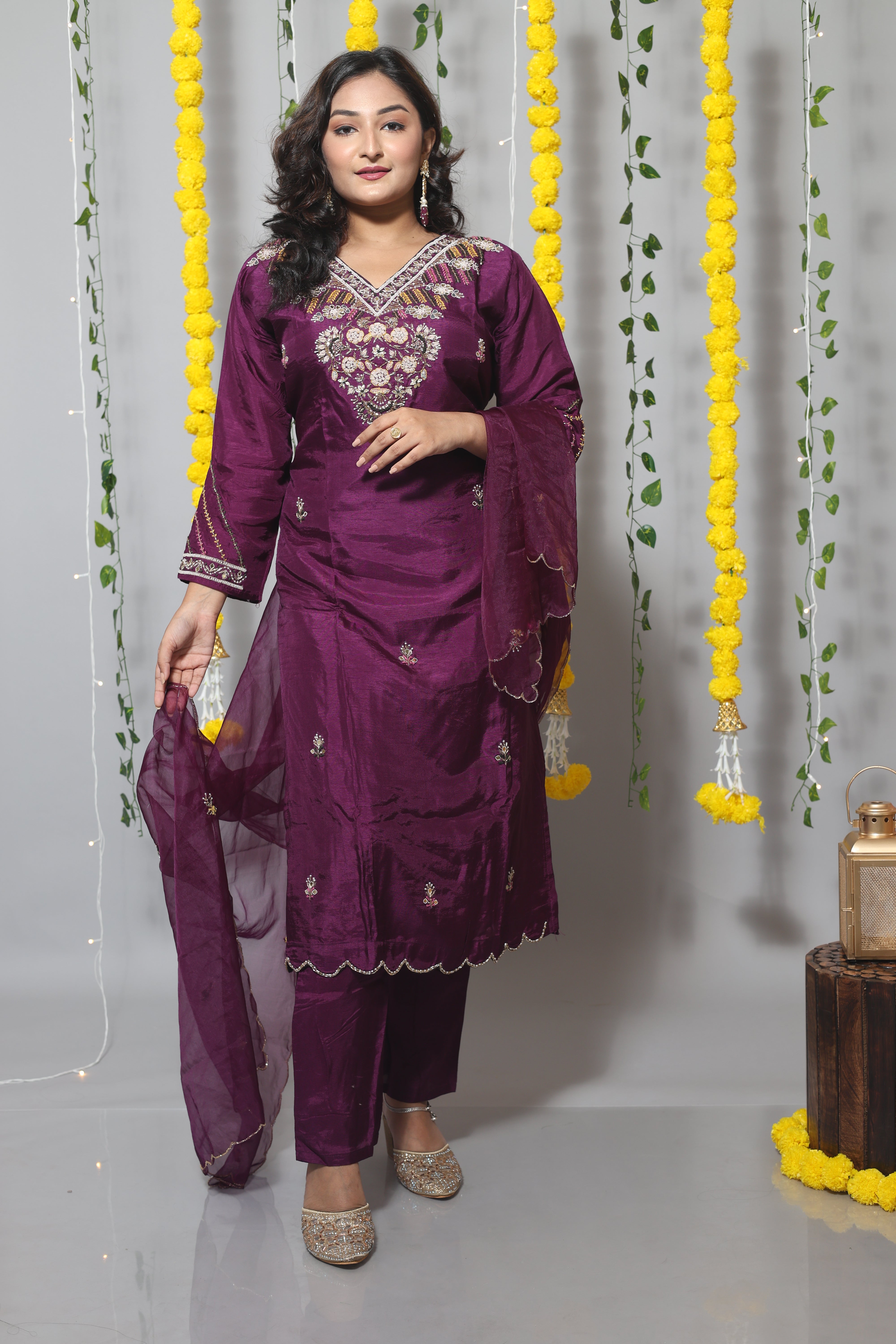 Purple Dola Silk Handwork Suit Set
