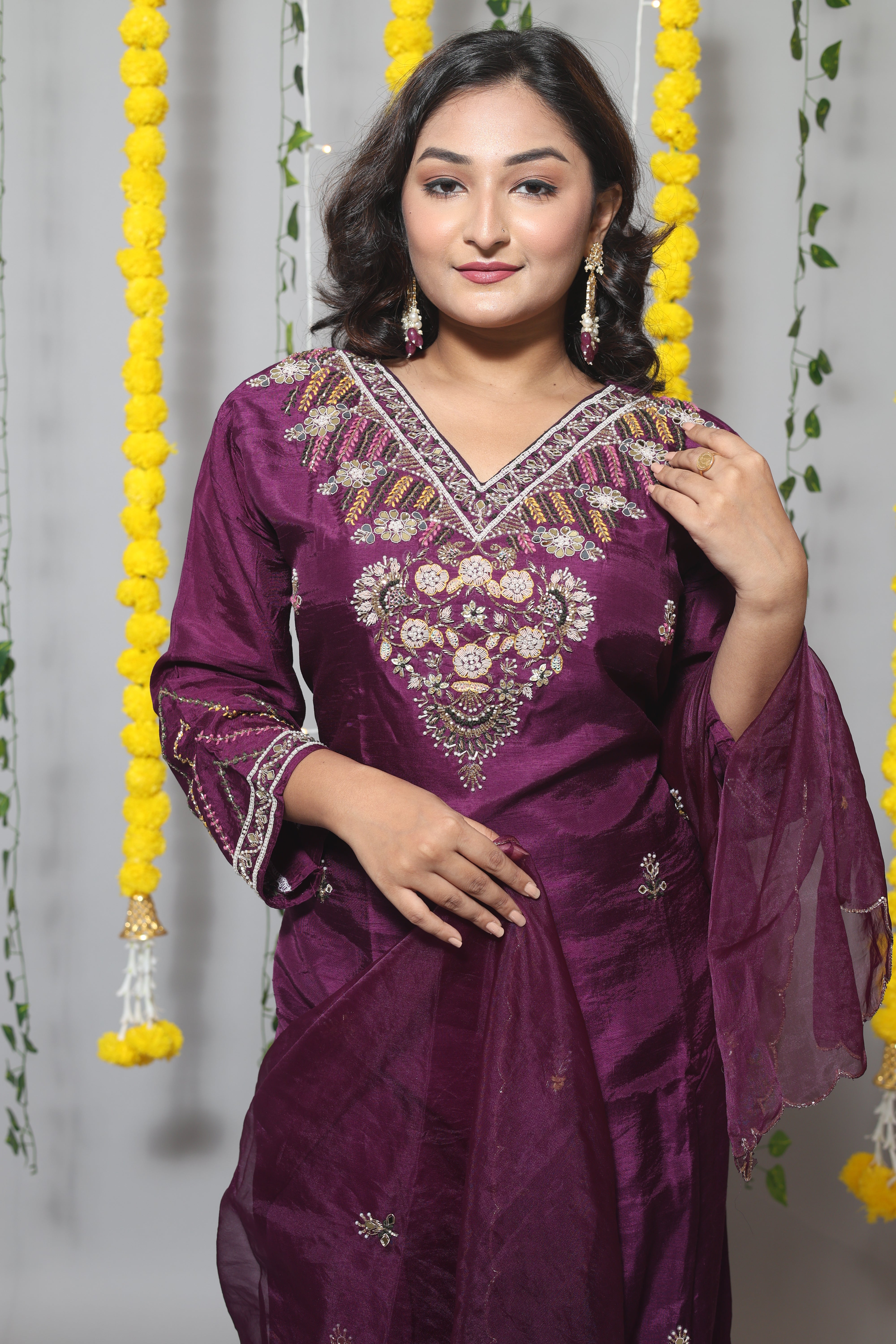 Purple Dola Silk Handwork Suit Set
