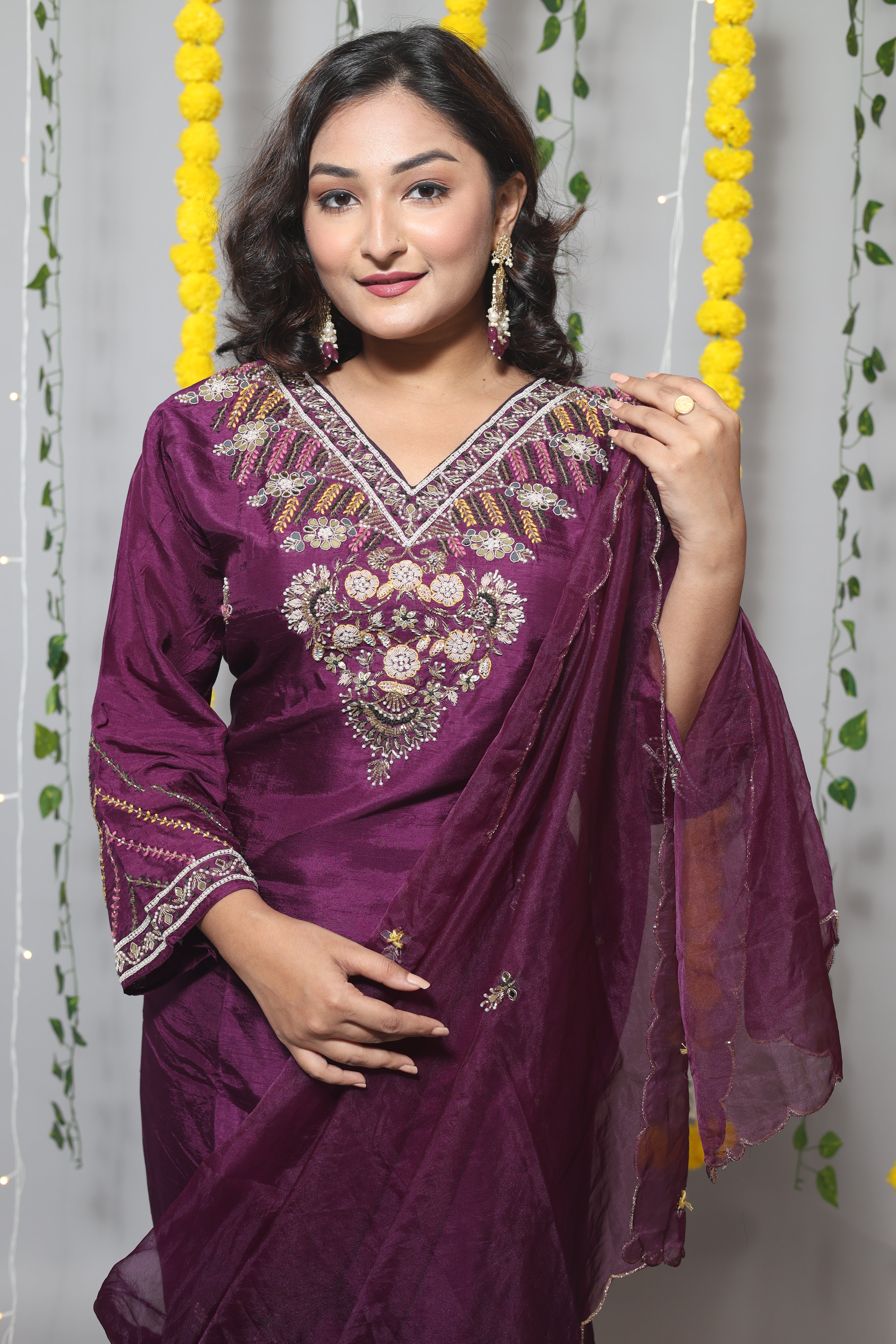 Purple Dola Silk Handwork Suit Set