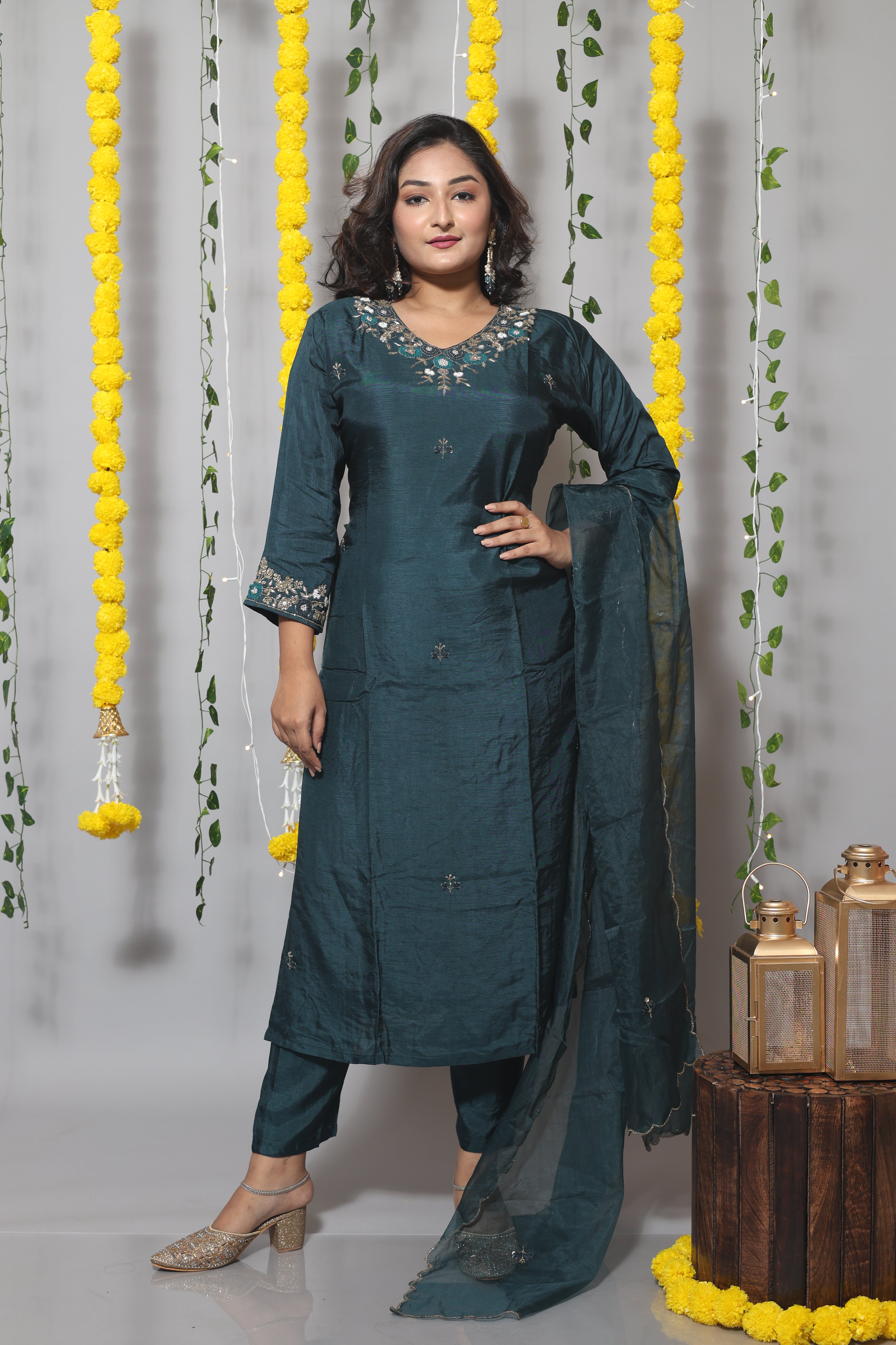 Teal blue dola silk suit set featuring exquisite handwork