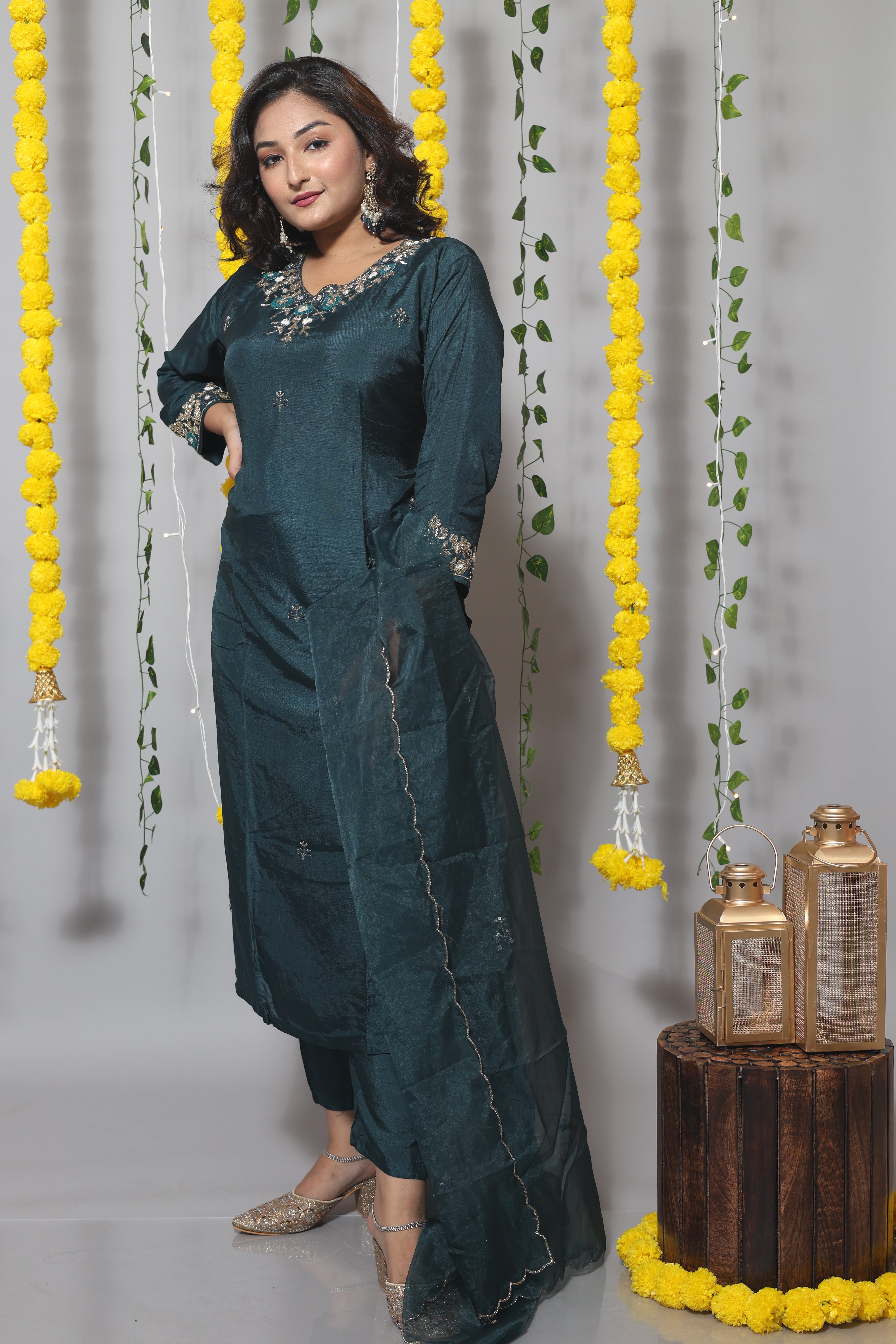 Teal Blue Handwork Dola Silk Suit Set