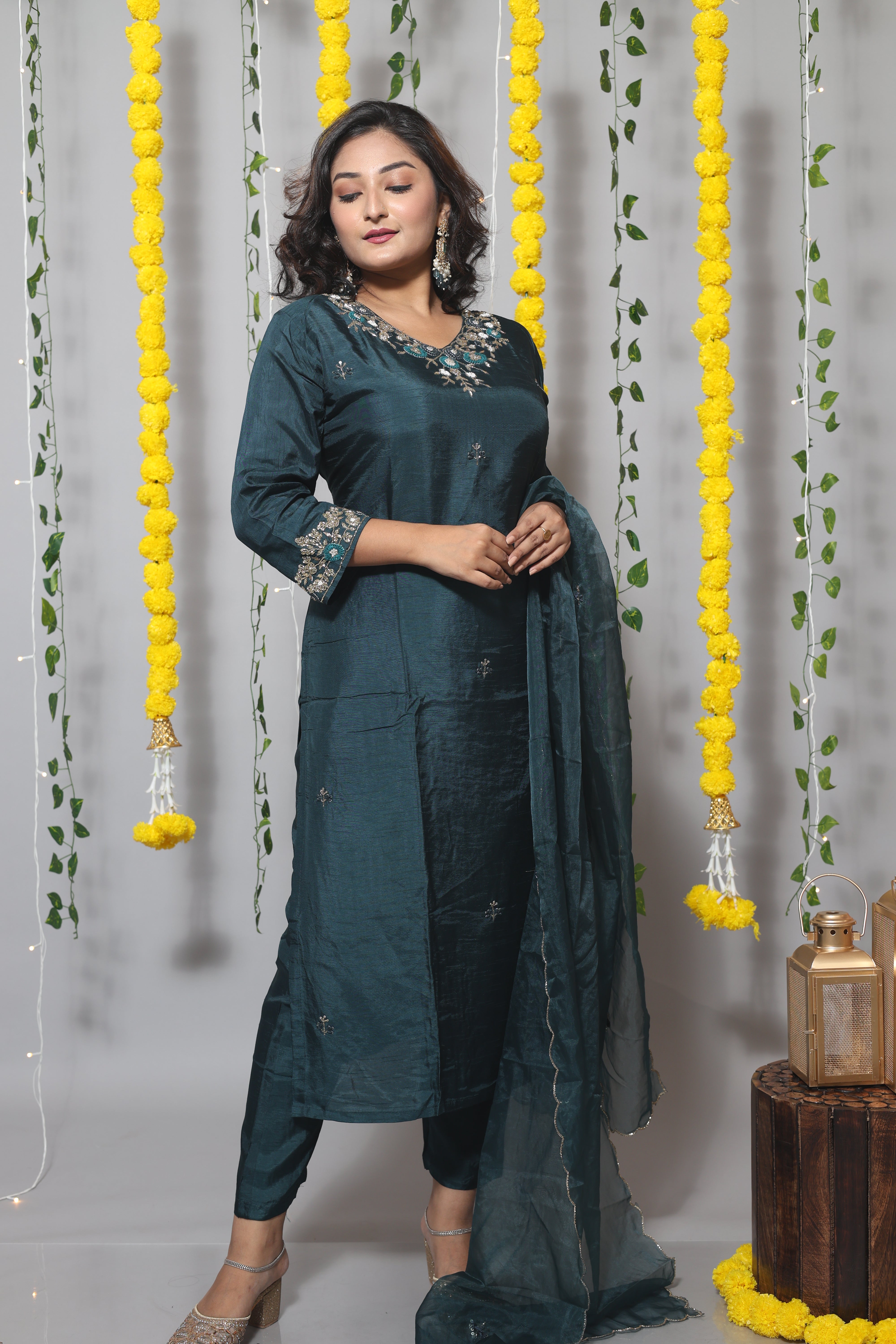 Teal Blue Handwork Dola Silk Suit Set